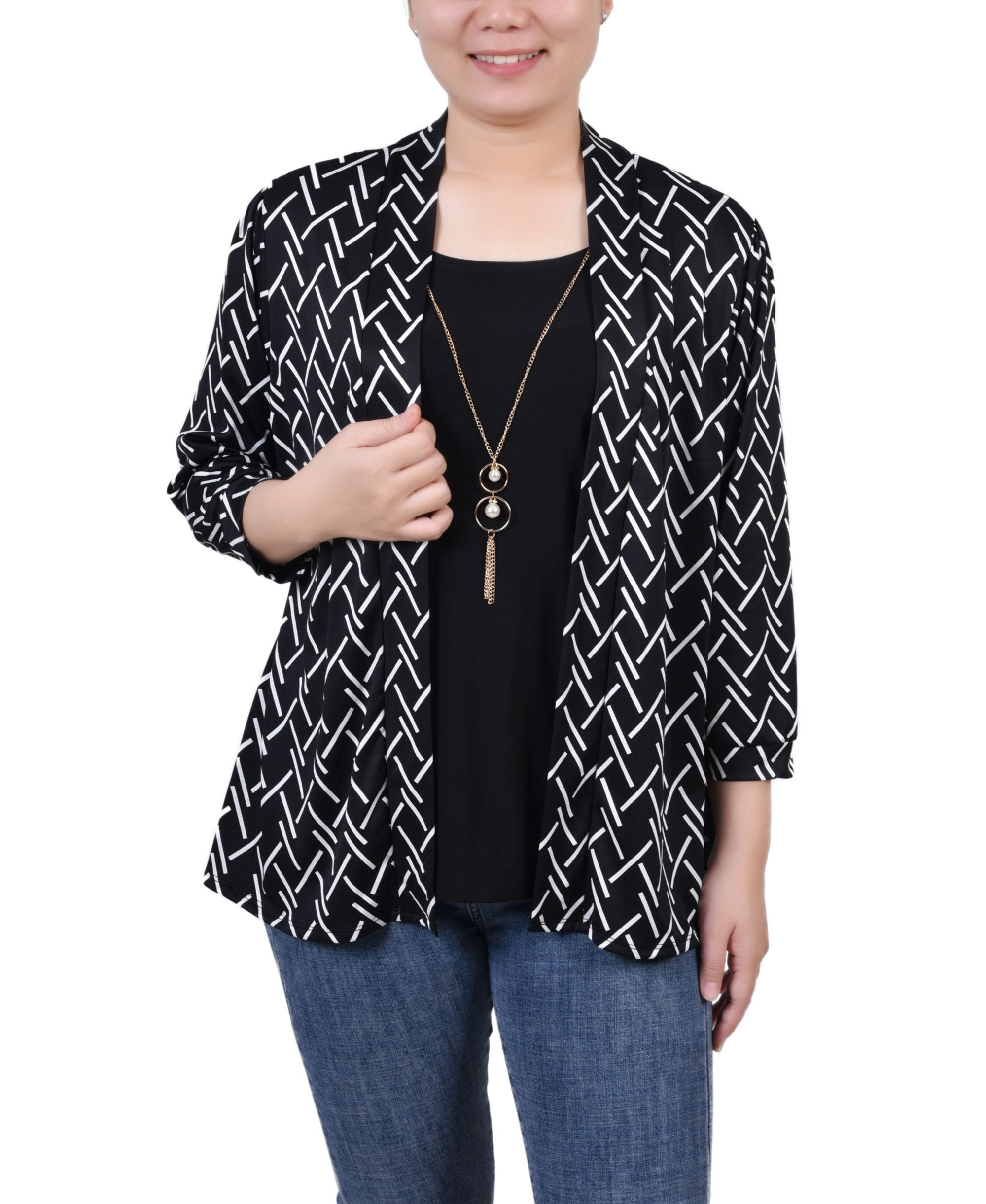 NY Collection Petite 3/4 Sleeve Two Fer Premium Top