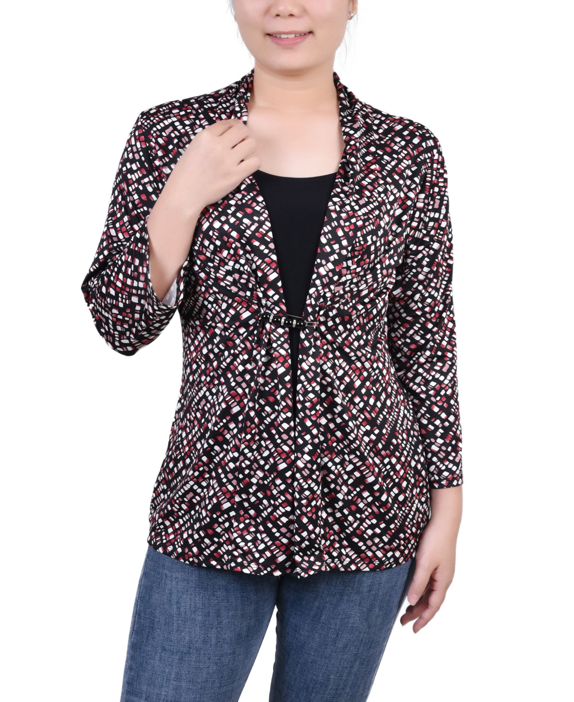 NY Collection Petite 3/4 Sleeve Two Fer Premium Top