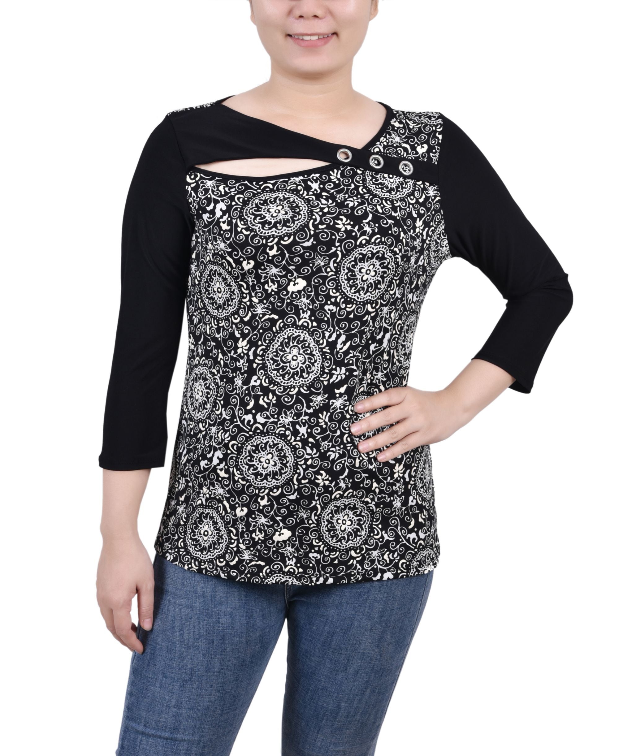 Petite 3/4 Sleeve Puff Print Cutout Premium Top