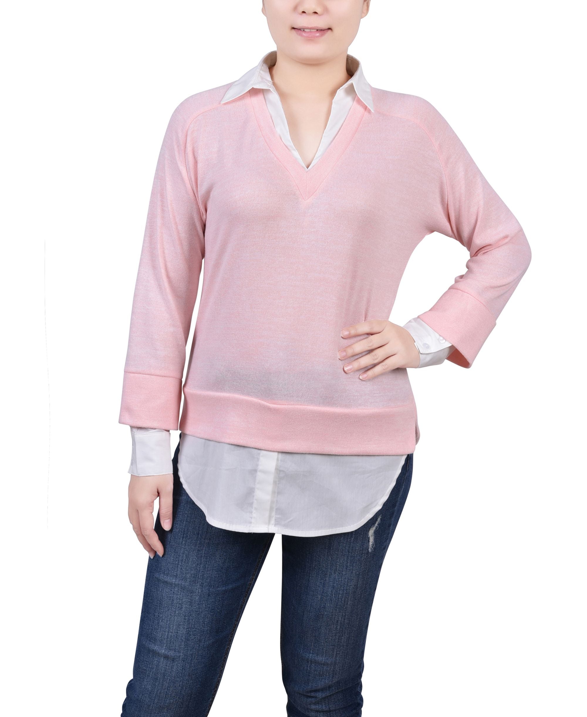 Petite Long-Sleeve Two-Fer Premium Top