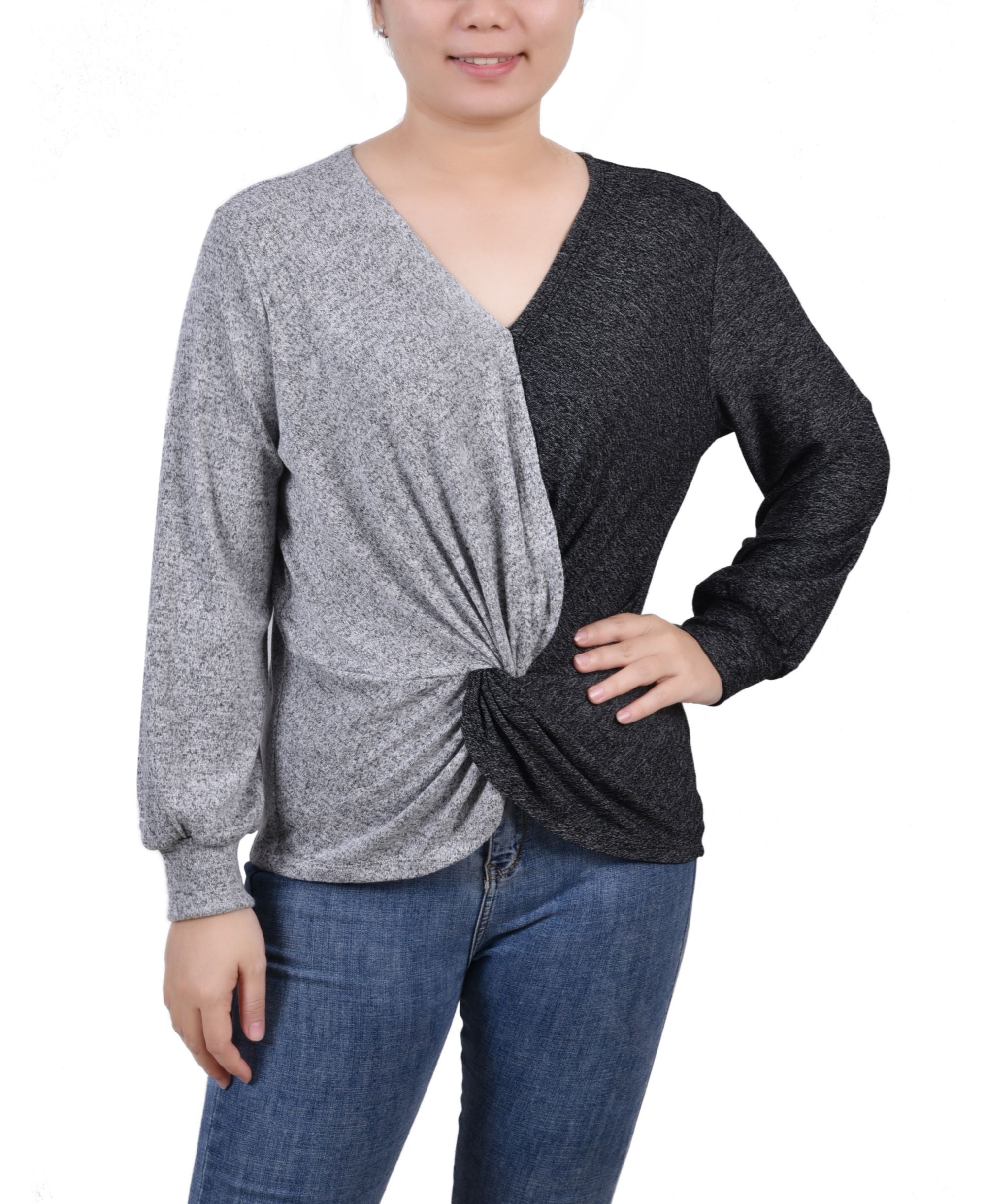 NY Collection Petite Long-Sleeve Twist Front Colorblocked Premium Top