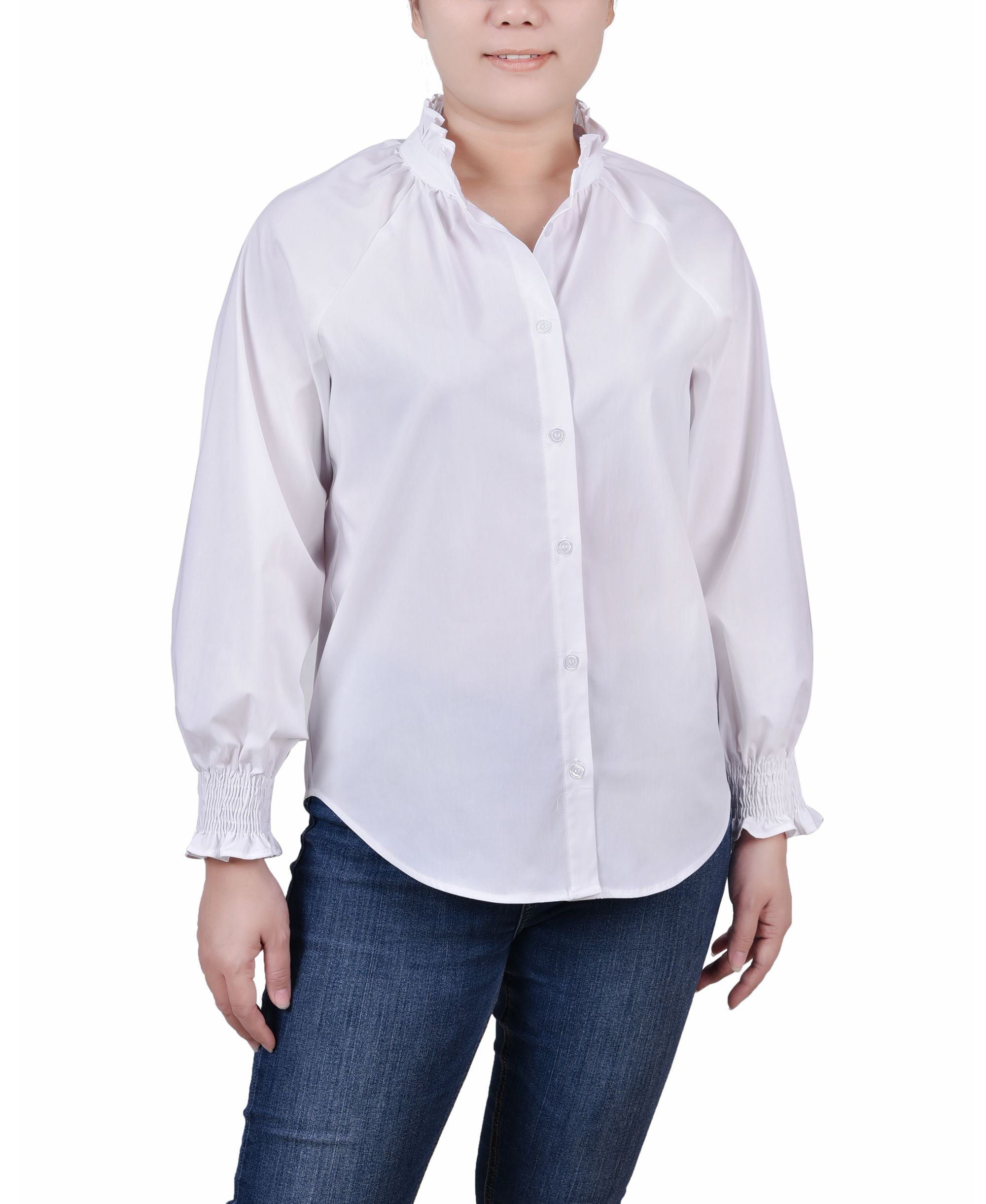 Petite Cinch Sleeve Button-Front Signature Blouse