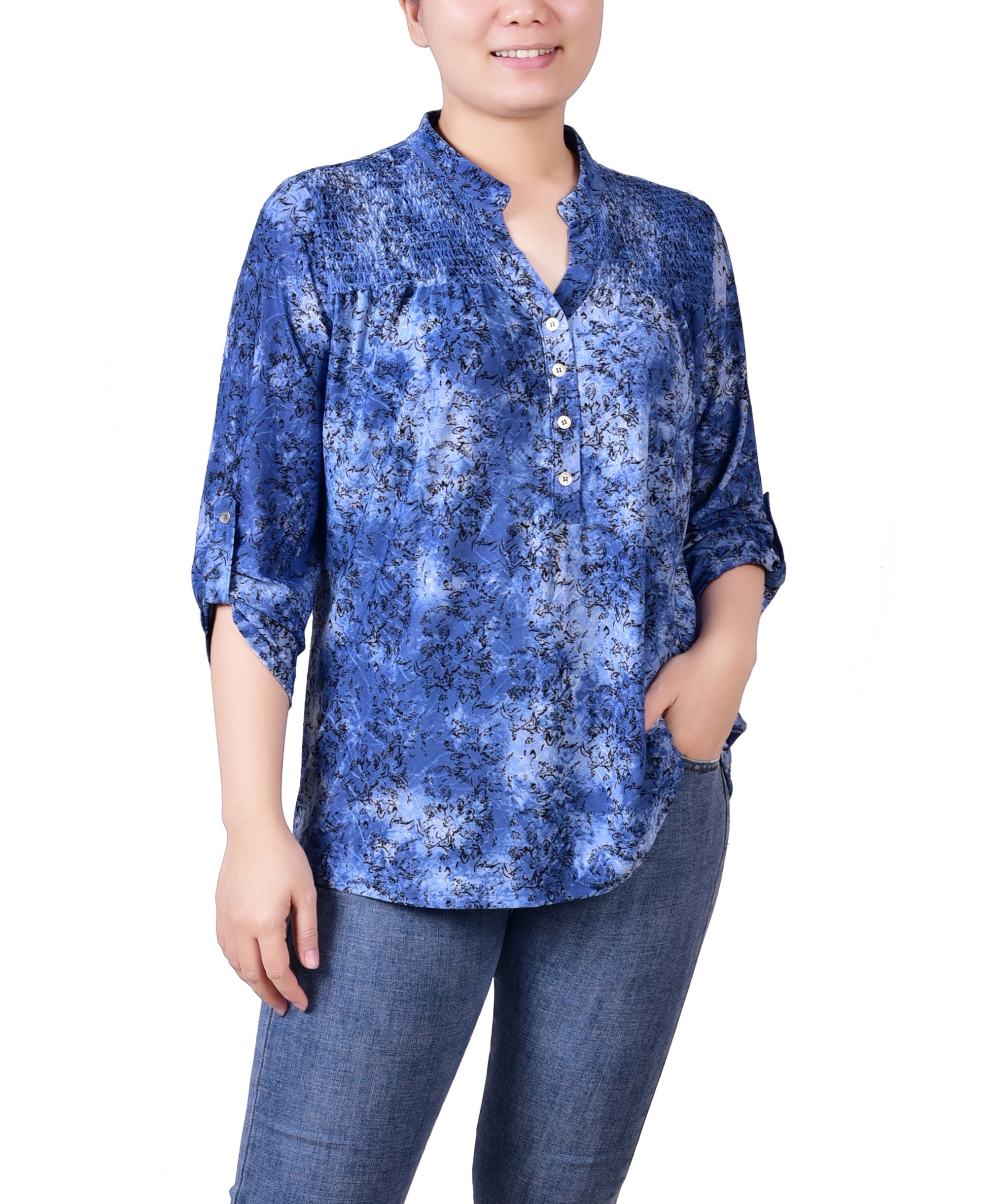 Petite 3/4 Roll Tab Sleeve Smocked-Yoke Premium Top