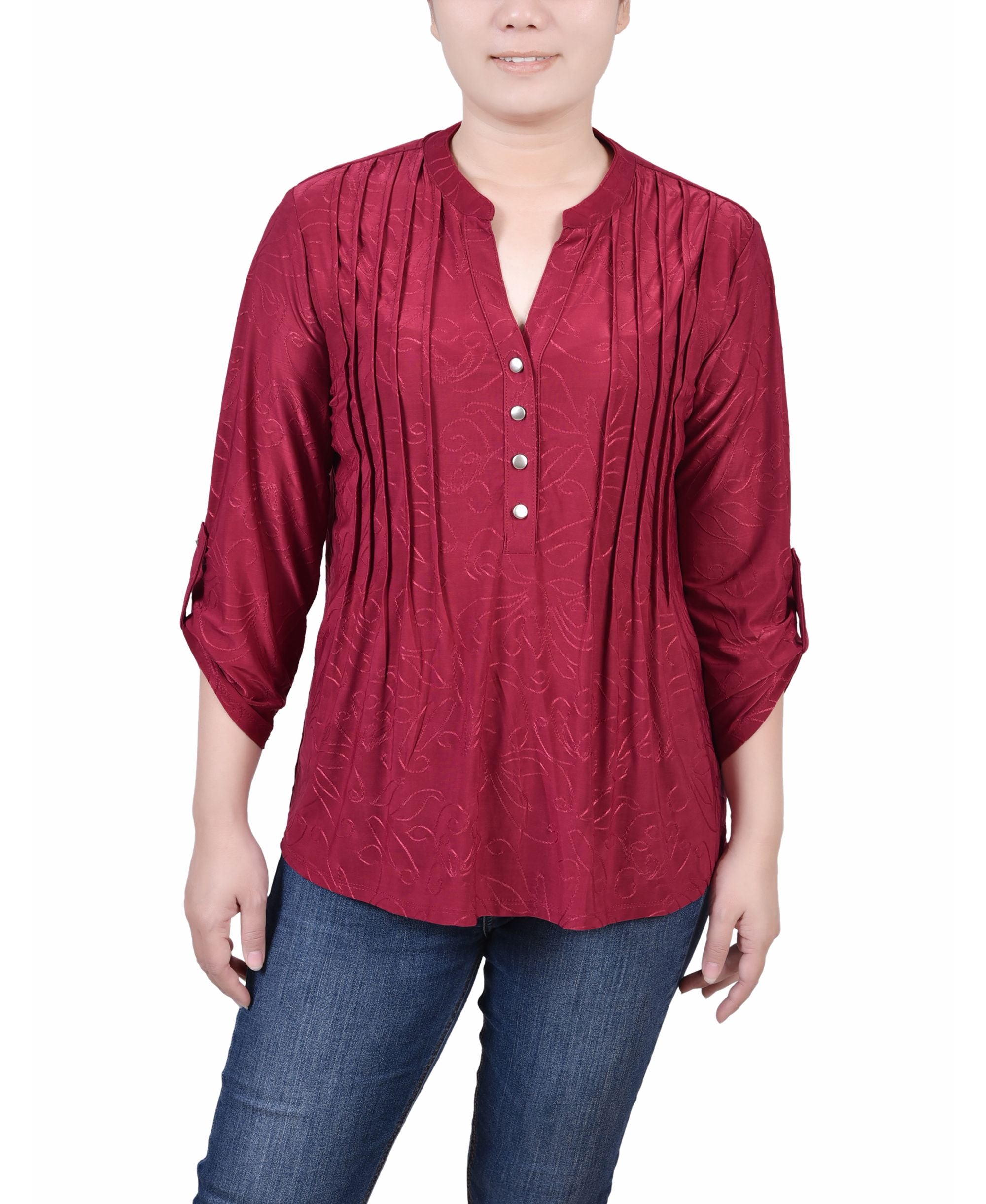 NY Collection Petite 3/4 Roll Tab Pullover Premium Top