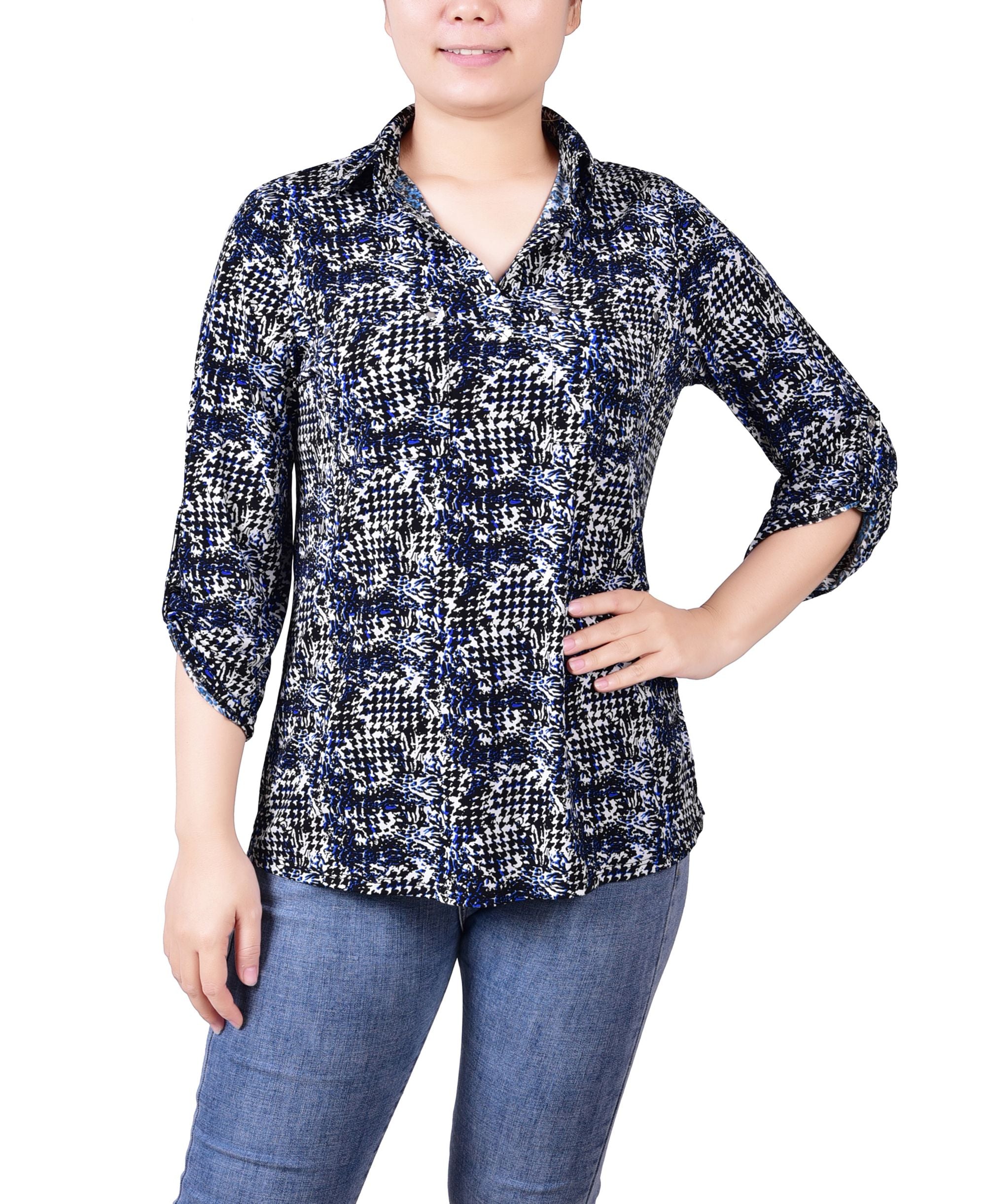 Women's 3/4 Ruched Sleeve Studded Y-neck Premium Top