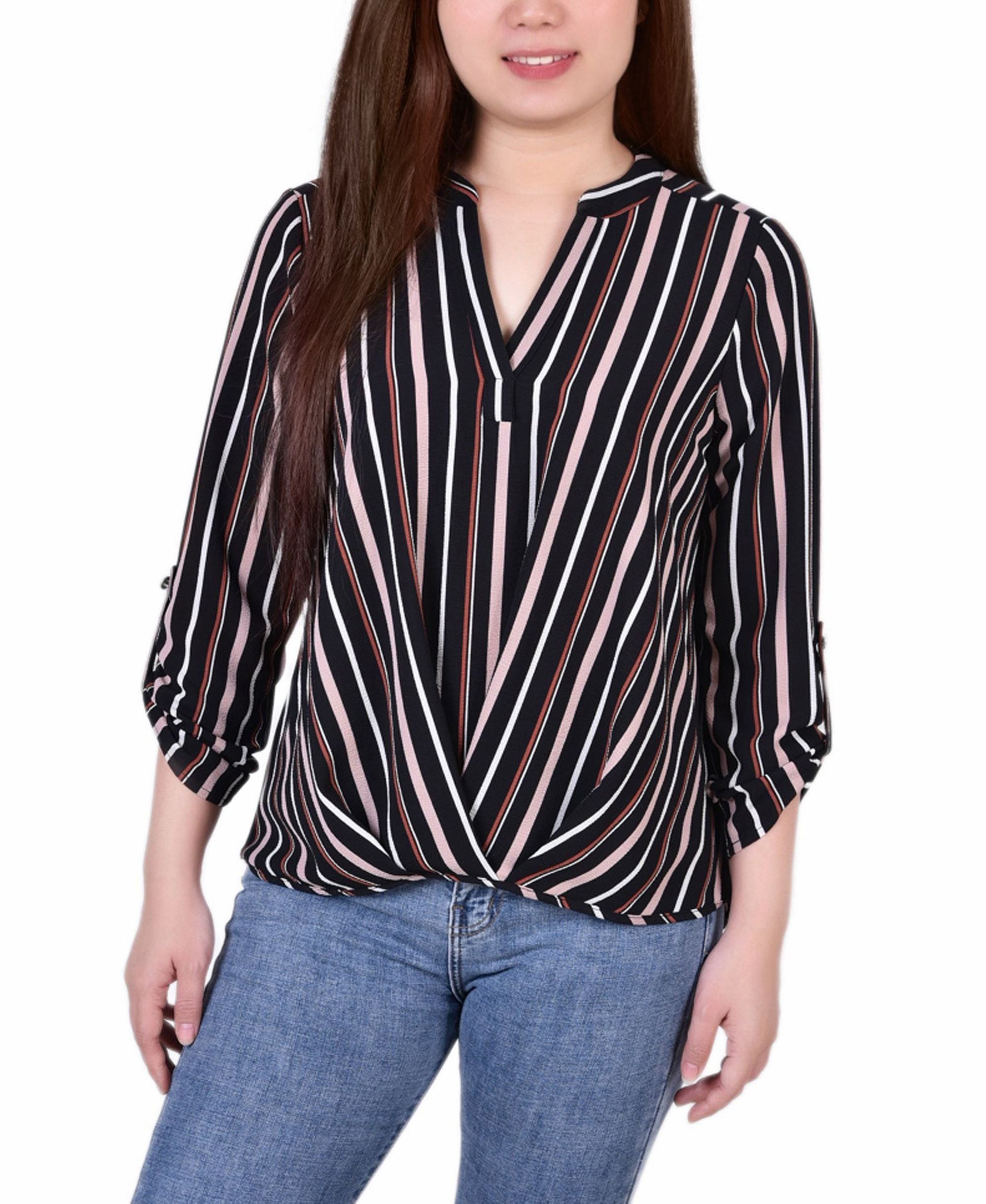 Petite Size 3/4 Push Tab Mandarin Collar Signature Blouse with Front Pleats