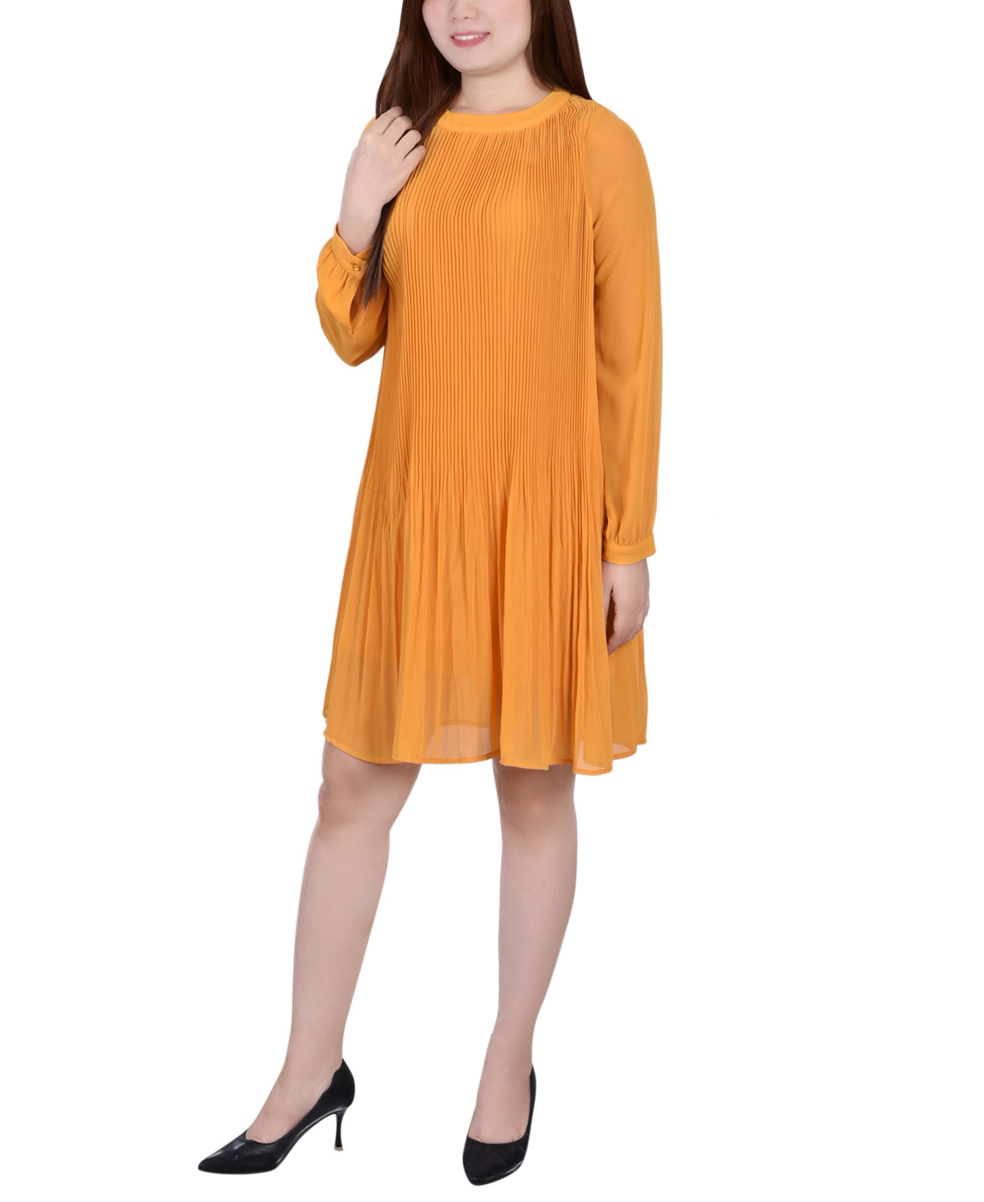 Petite Long-Sleeve Pleated Dress