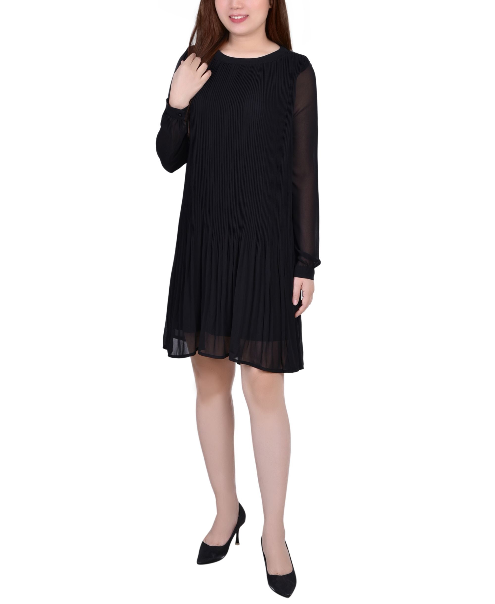 Petite Long-Sleeve Pleated Dress