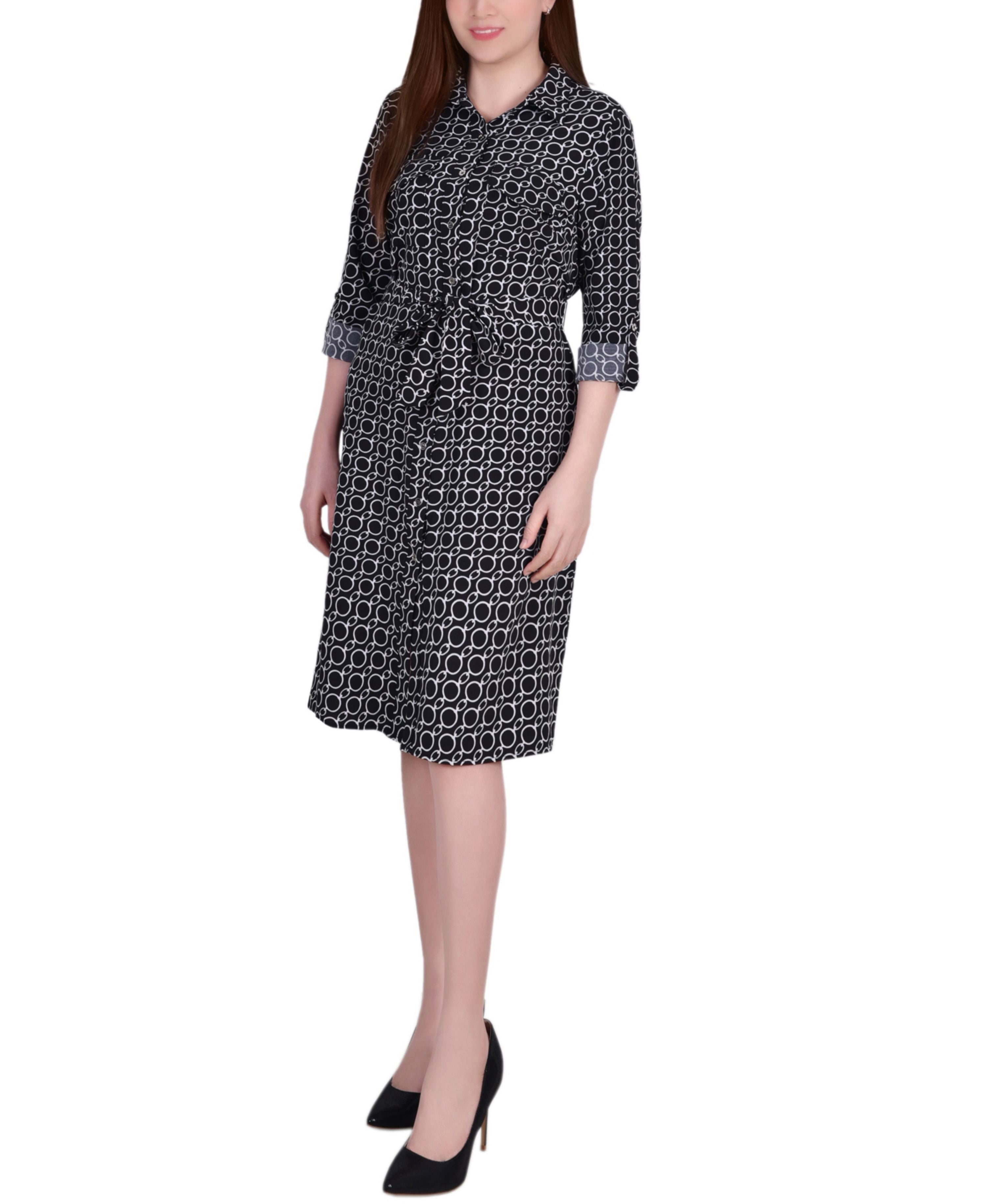 Petite Geometric Printed Long-Sleeve Roll Tab Shirtdress