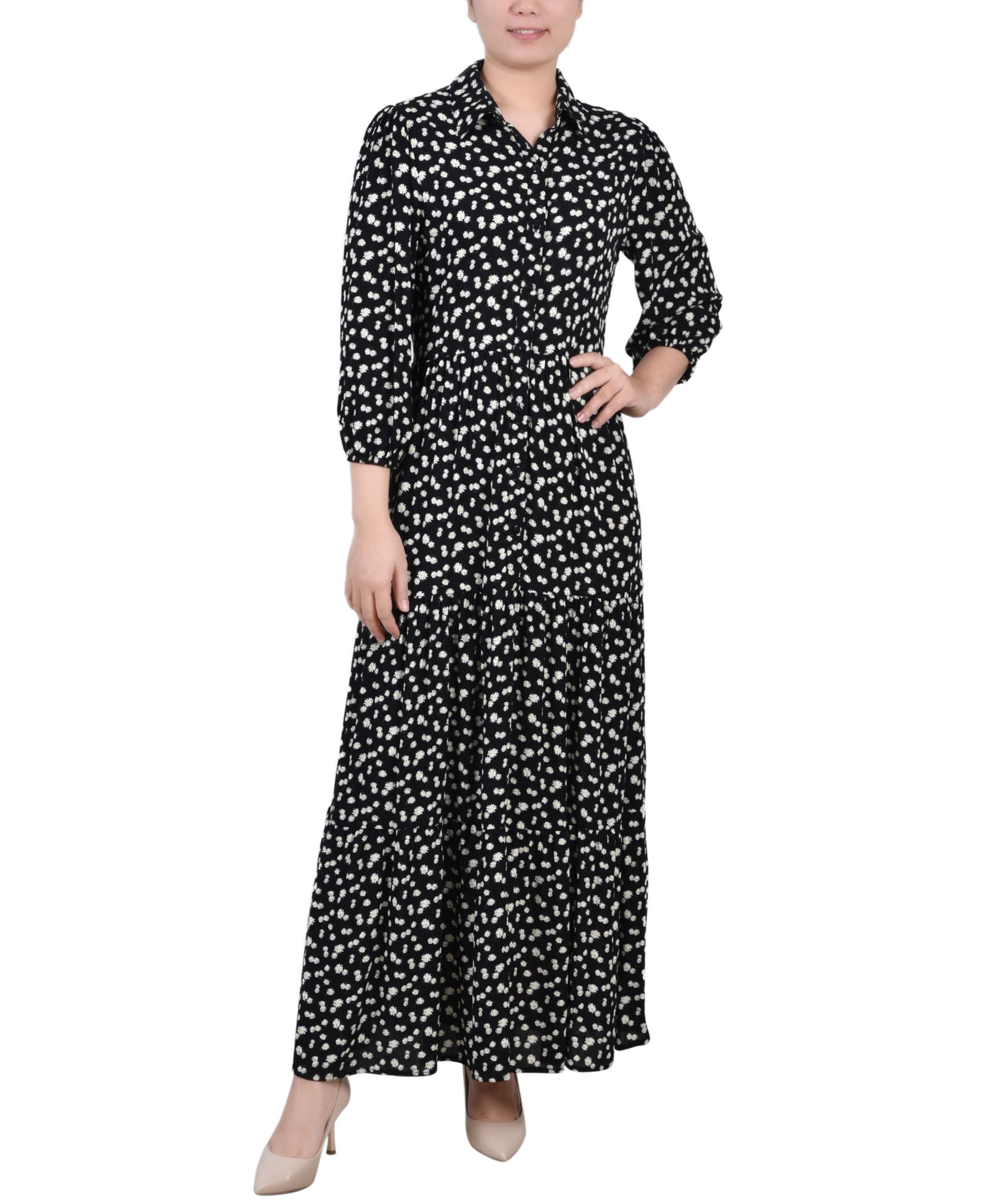 NY Collection Petite 3/4 Sleeve Crinkle Tiered Flounce Maxi Dress