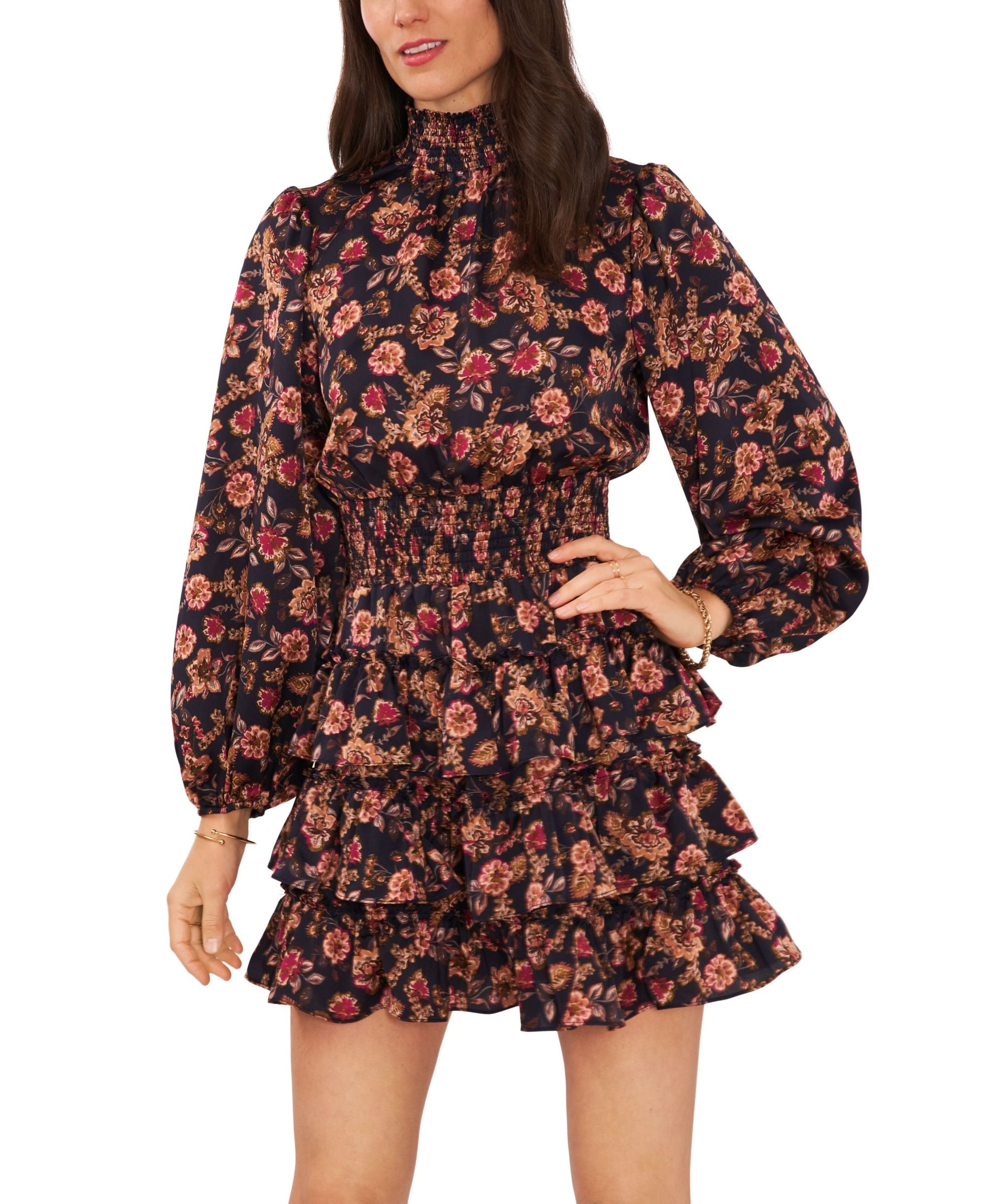 Women's Long-Sleeve Smock Neck Ruffle Modern Skirt Dress