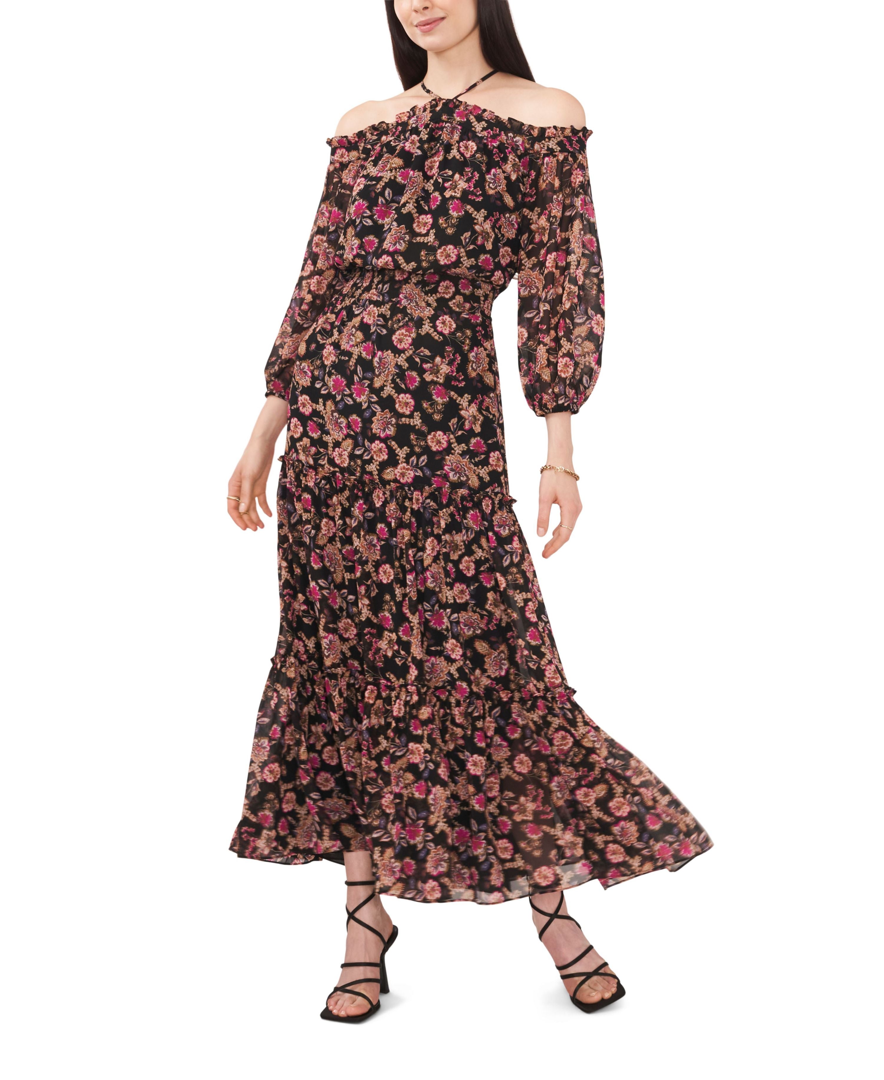 Women's Long-Sleeve Smocked Waist Halter Maxi Dress