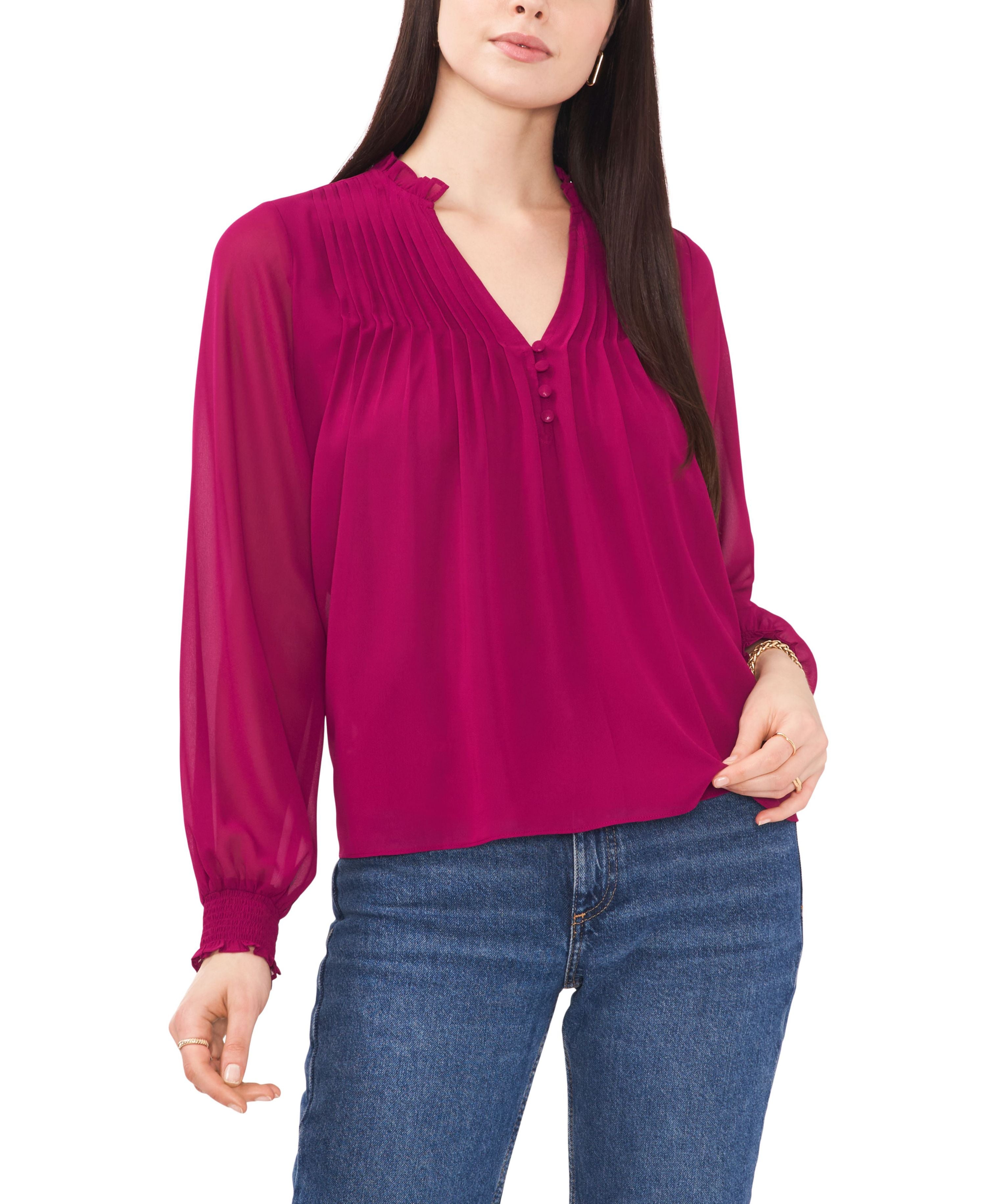Women's Long-Sleeve Pleated Yoke Split Neck Signature Blouse