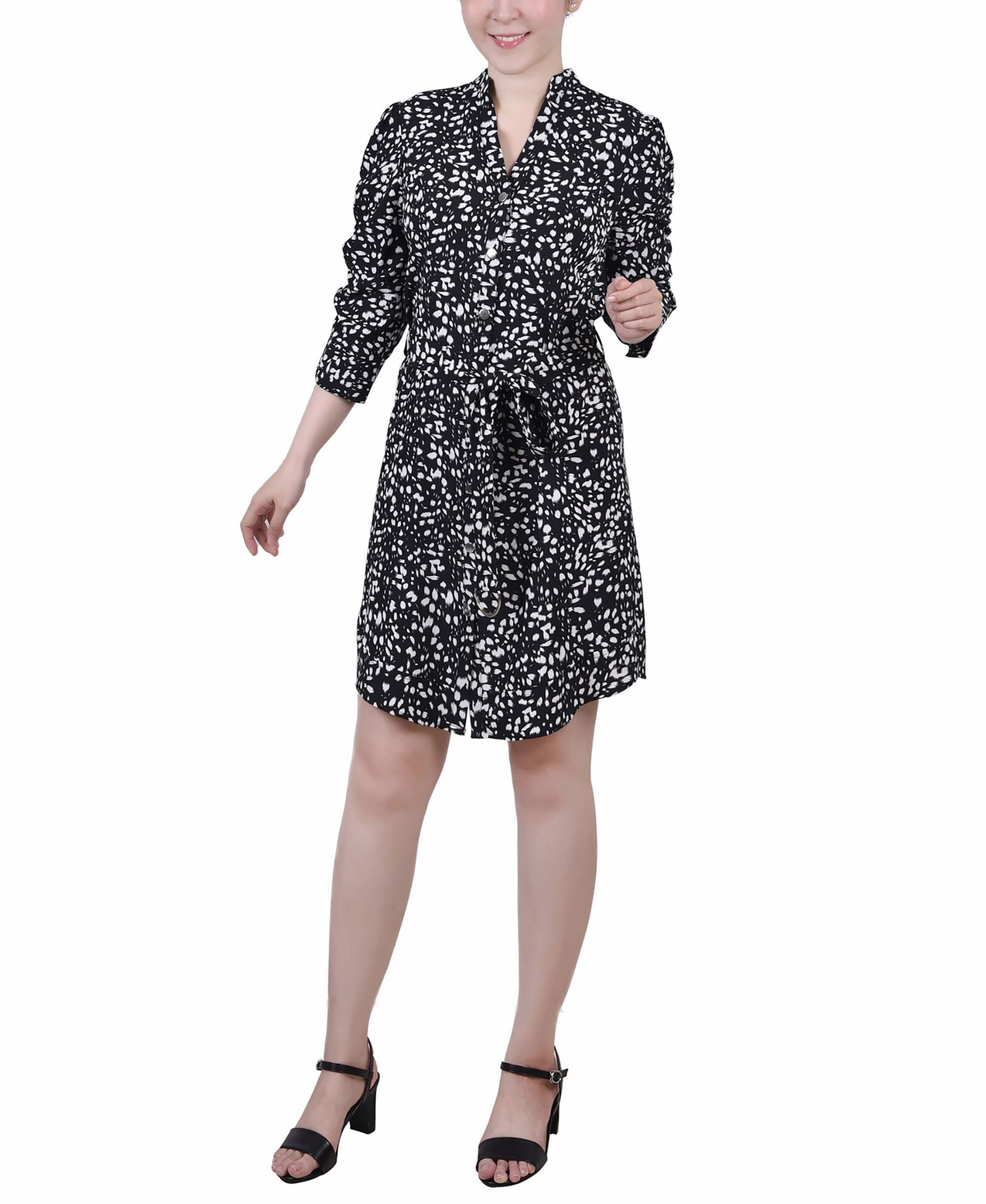 NY Collection Petite 3/4 Rouched Sleeve Dress With Belt