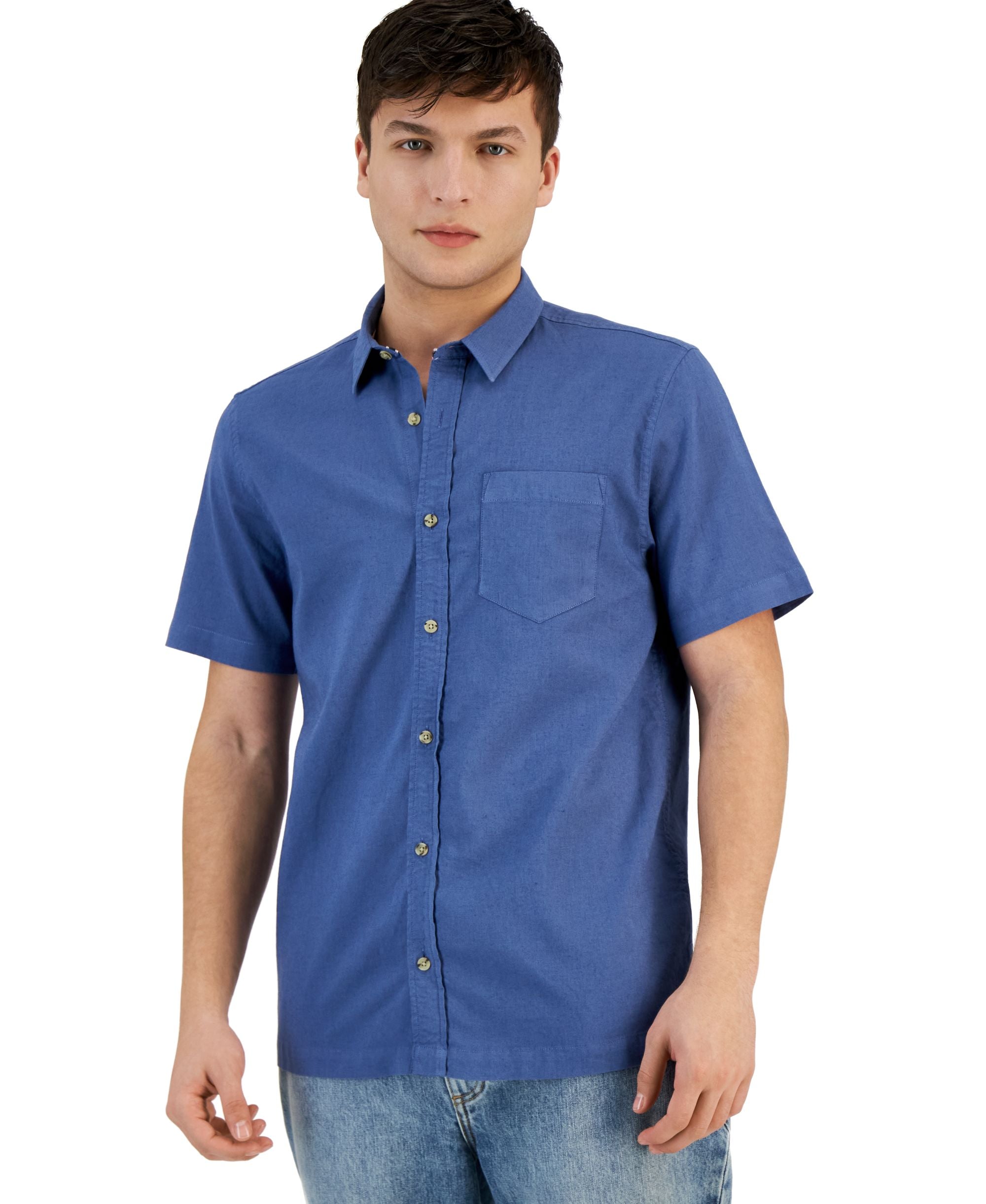 Men's Blake Linen-Blend Chambray Short-Sleeve Button-Front Modern Shirt