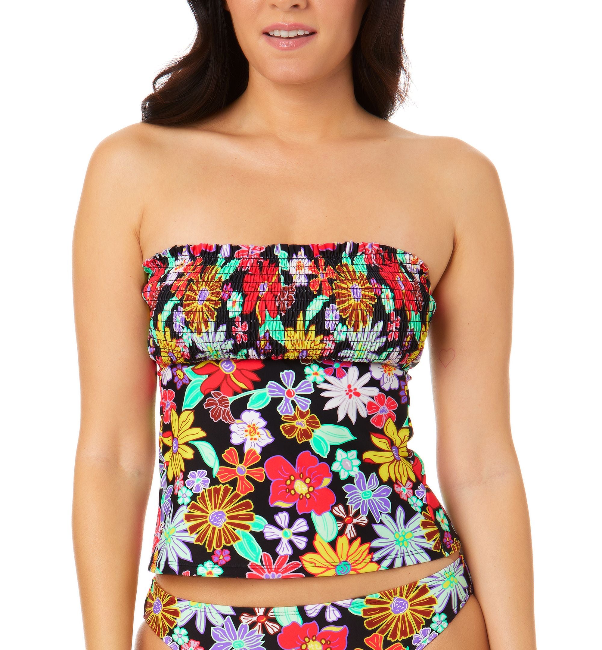 Juniors' Floral-Print Smocked Tankini Premium Top