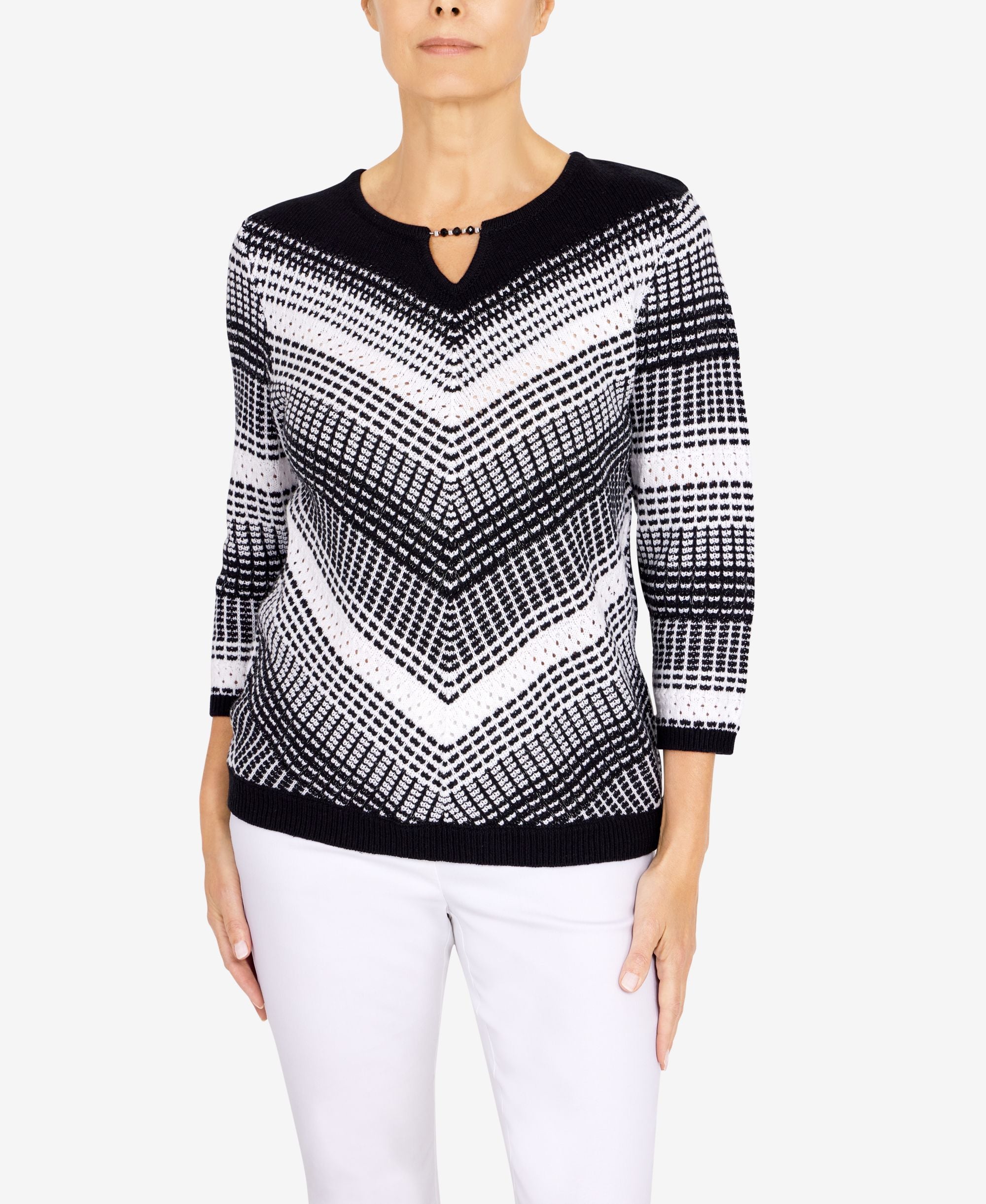 Alfred Dunner Petite Empire State Texture Split Neck 3/4 Sleeve Sweater