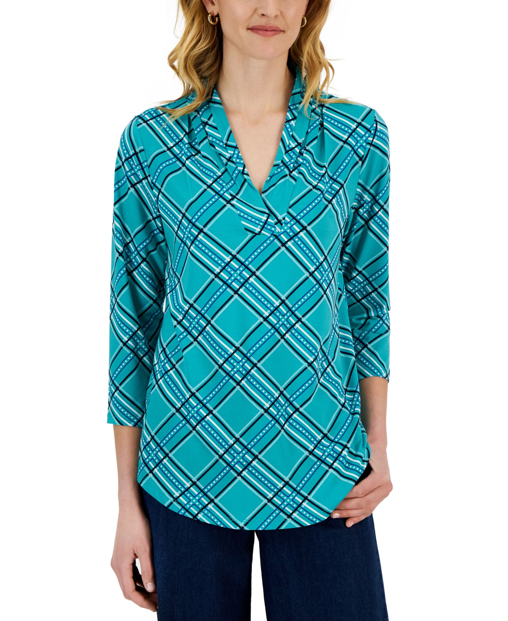 Charter Club Petite Gathered V Neck 3/4 Sleeve Premium Top