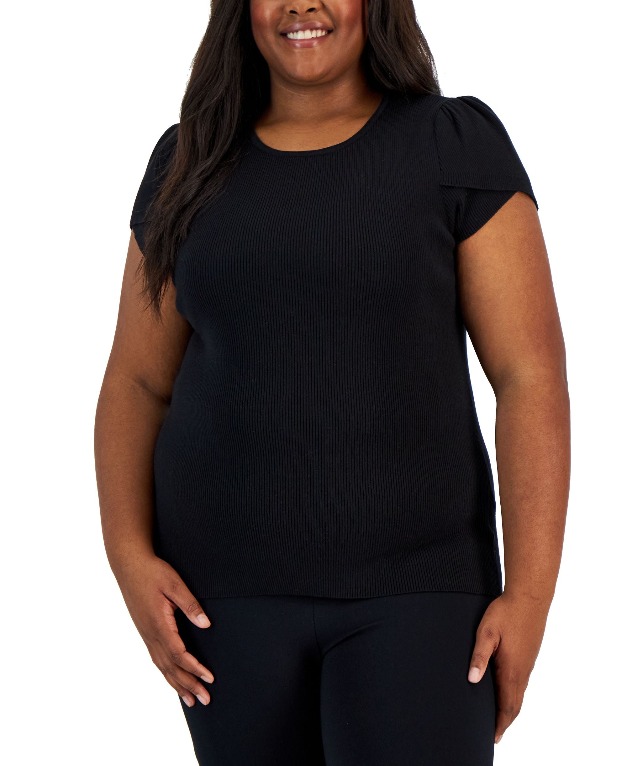 Plus Size Tulip-Sleeve Ribbed Crewneck Premium Top
