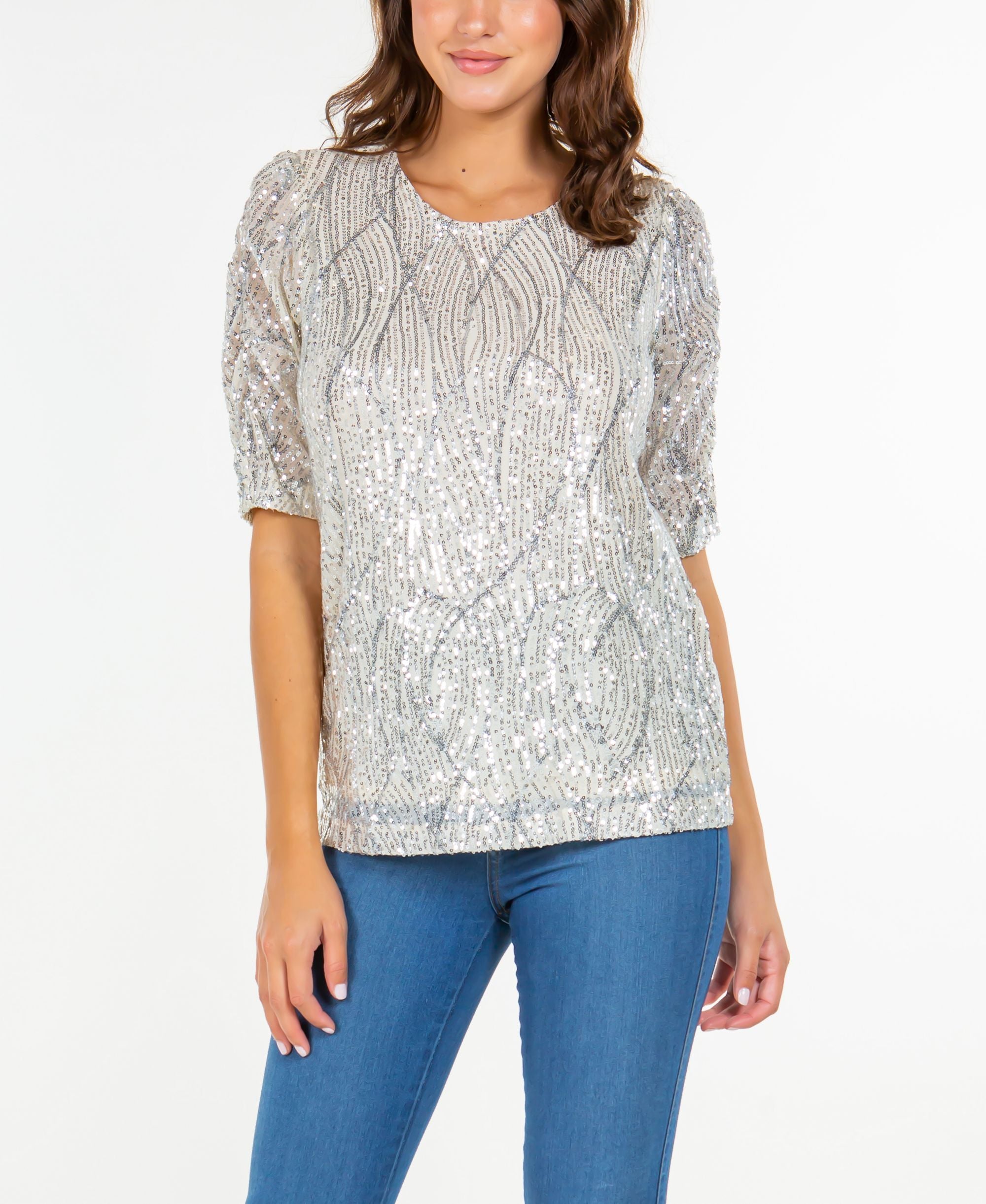 Fever Womens Rouched Short-Sleeve Sequin Premium Top