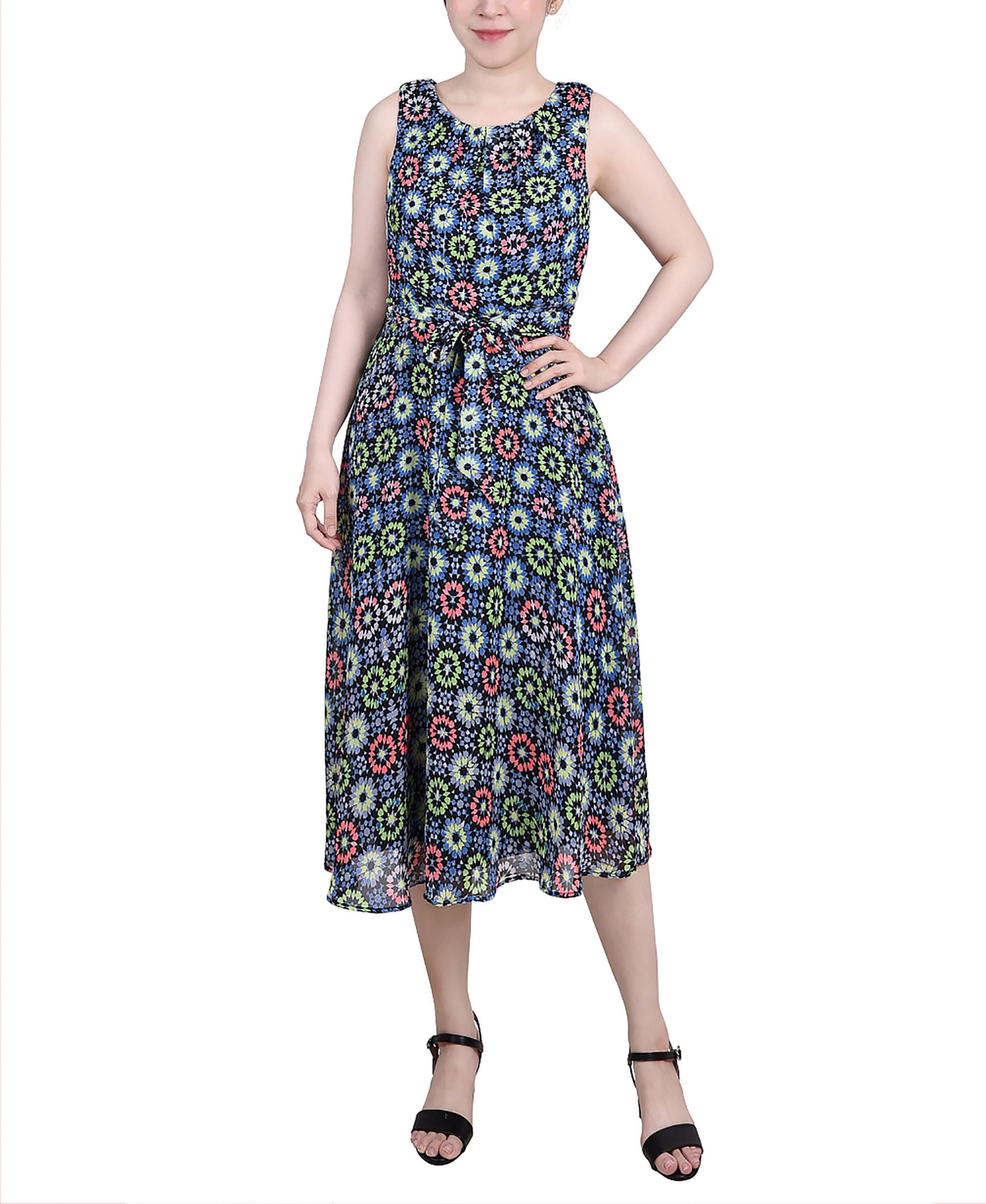 Petite Sleeveless Chiffon Belted Dress