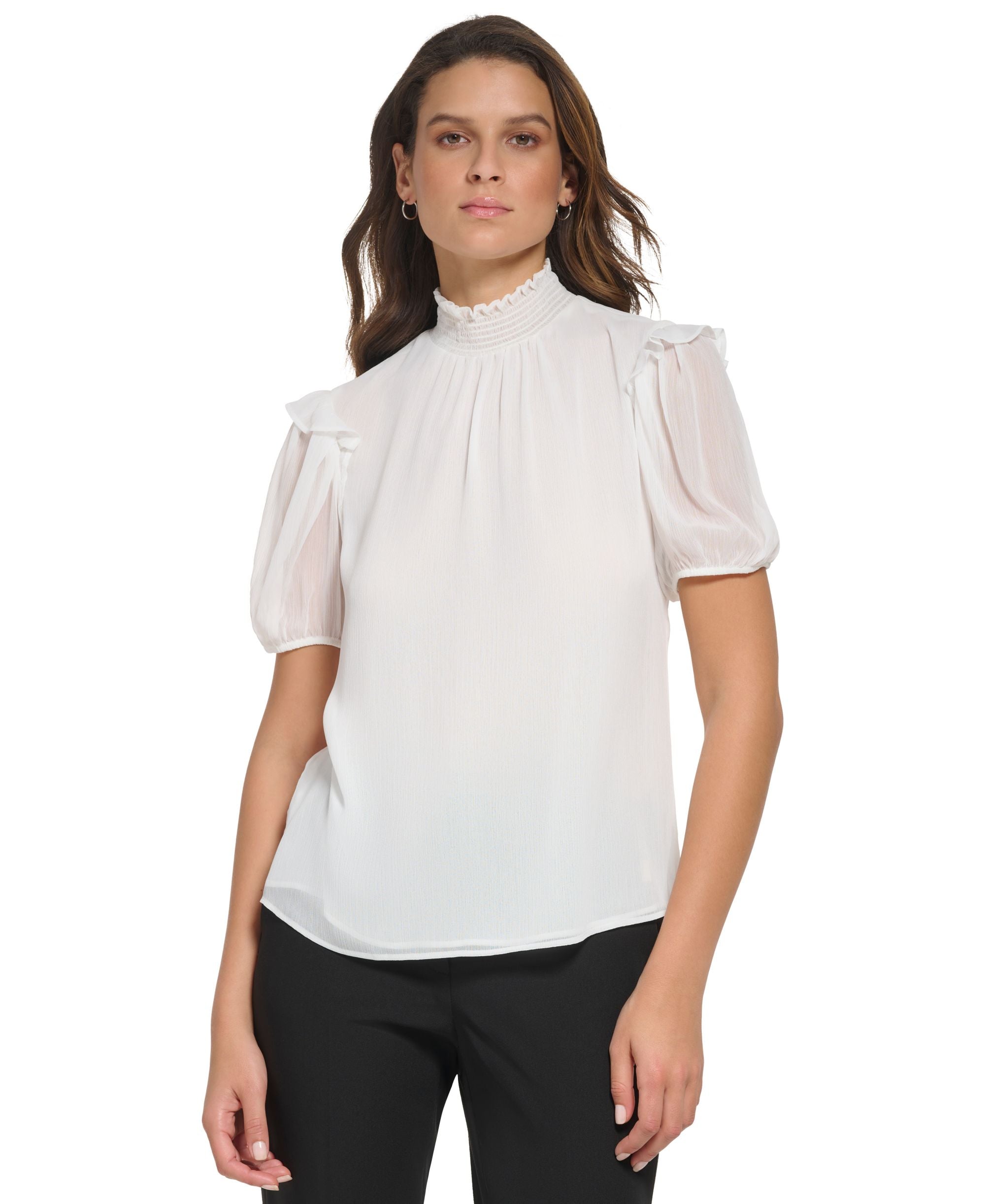 Women's Ruffled Mock Neck Puff-Sleeve Premium Top
