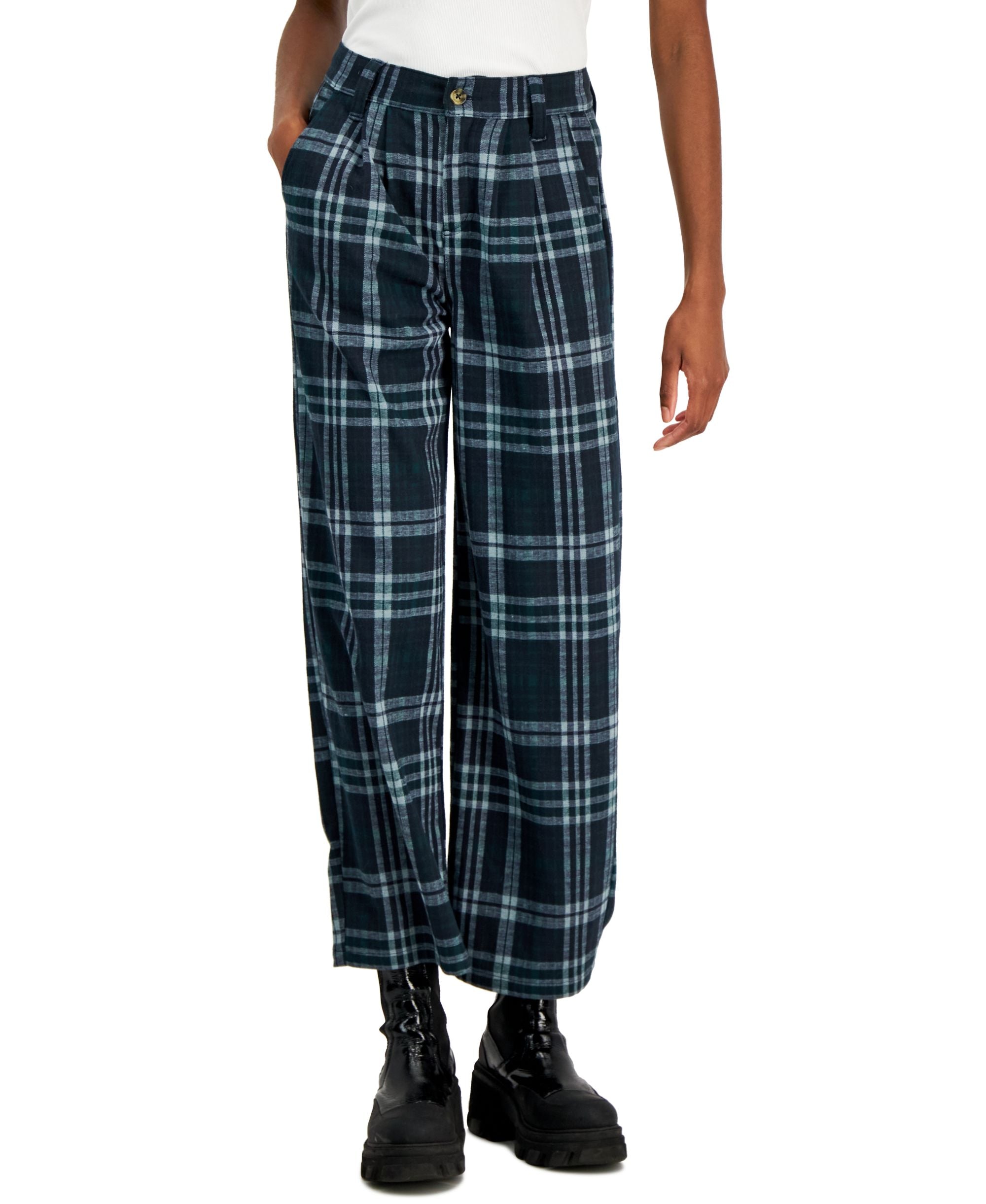 Juniors' Slouchy Double-Knit Plaid Signature Pants