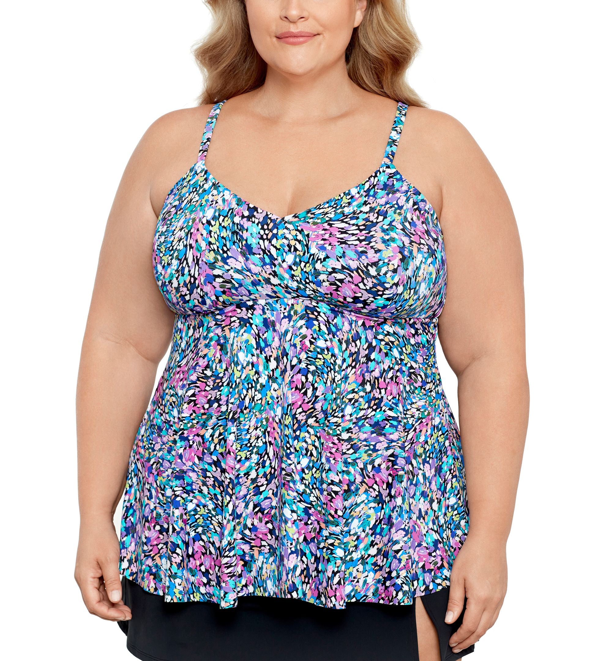 Plus Size Printed V-Neck Underwire Tankini Premium Top