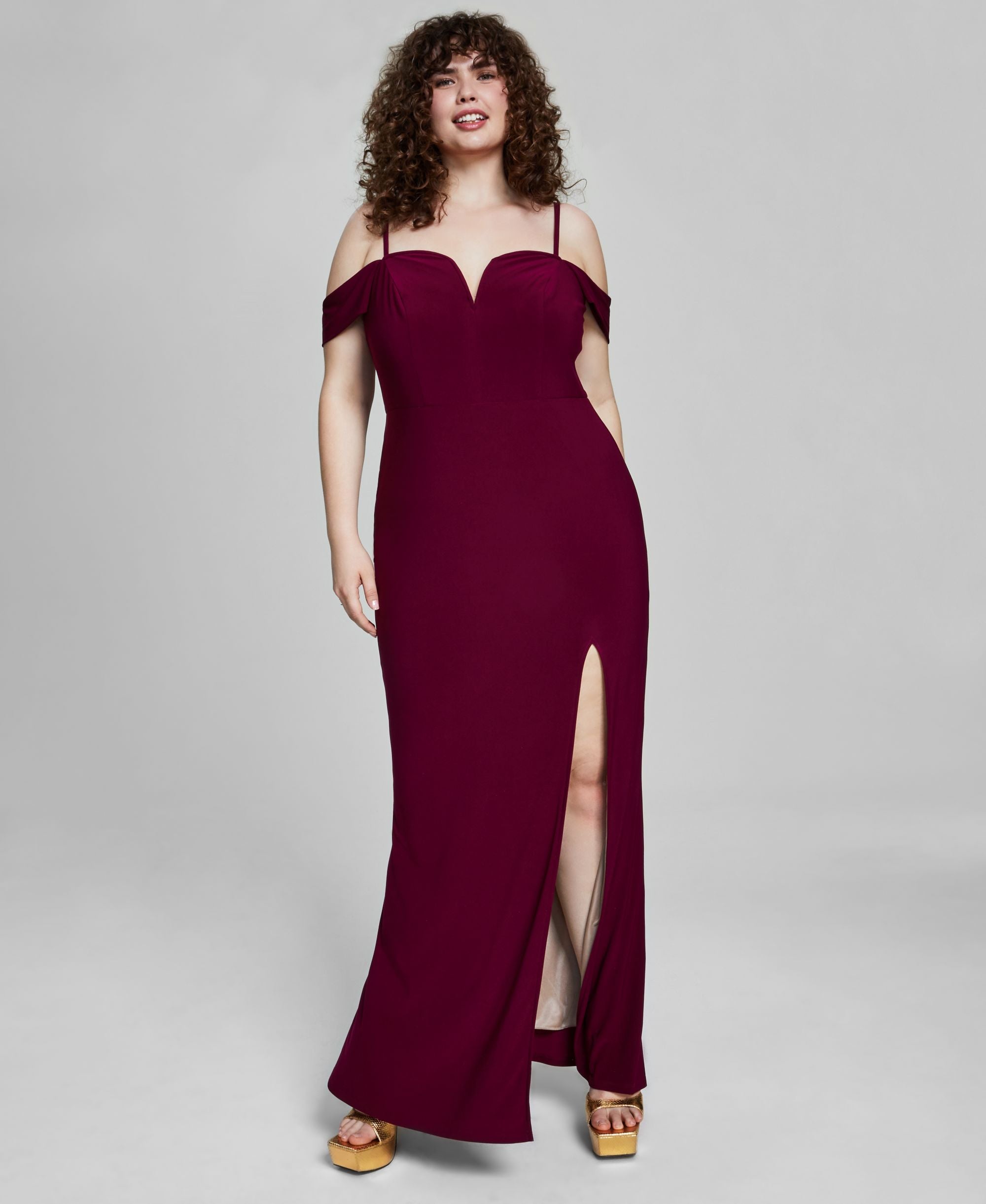 City Studios Modern Plus Size Off The Shoulder Slit Gown