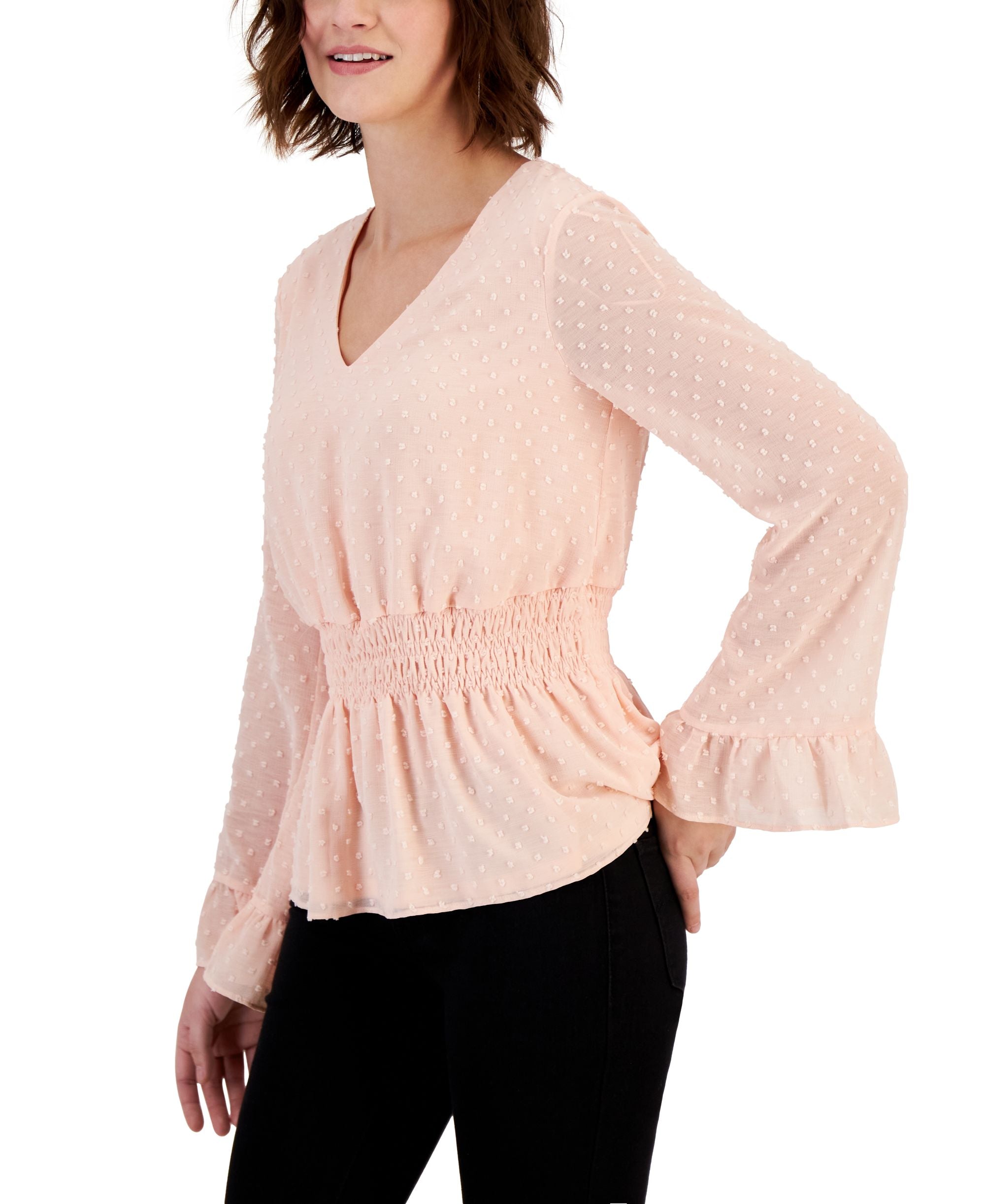 Women's Smocked-Waist Bell-Sleeve Clip-Dot Premium Top