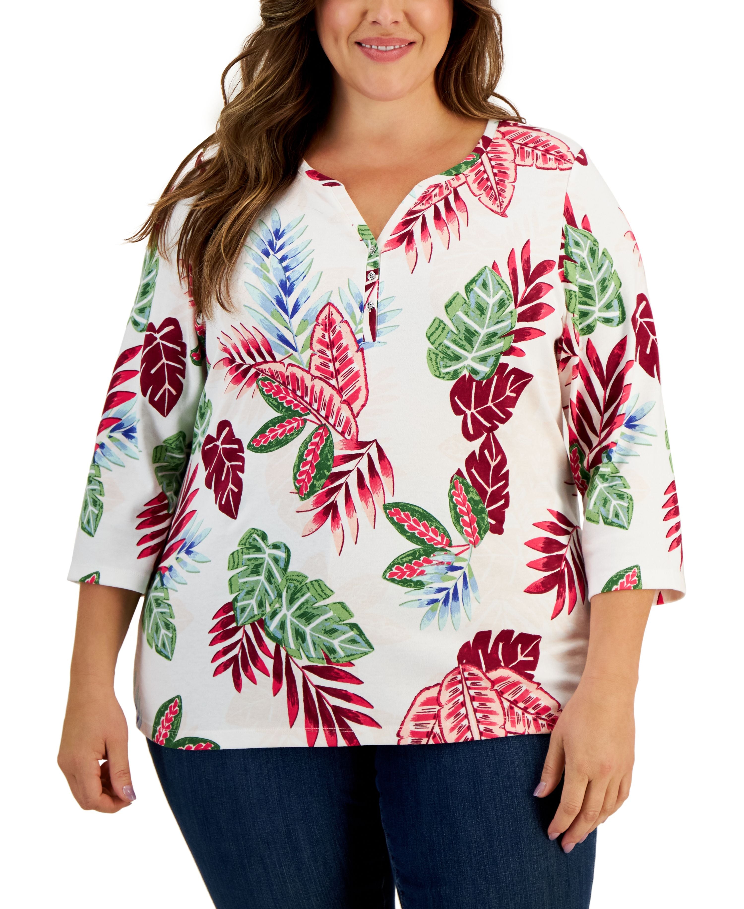 Rio Palm 3/4-Sleeve Henley Premium Top
