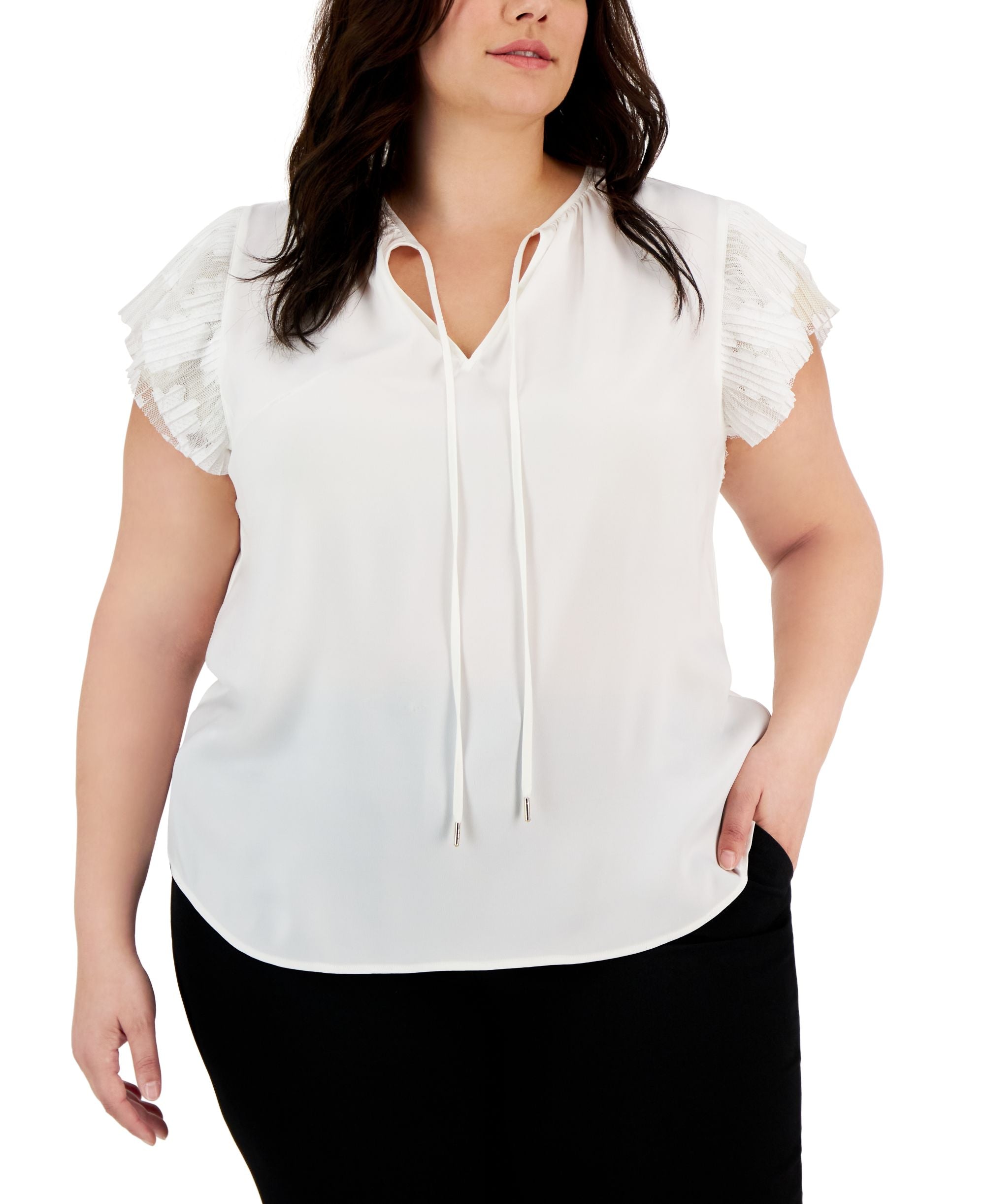Plus Size Ruffled-Sleeve Tie-Neck Signature Blouse