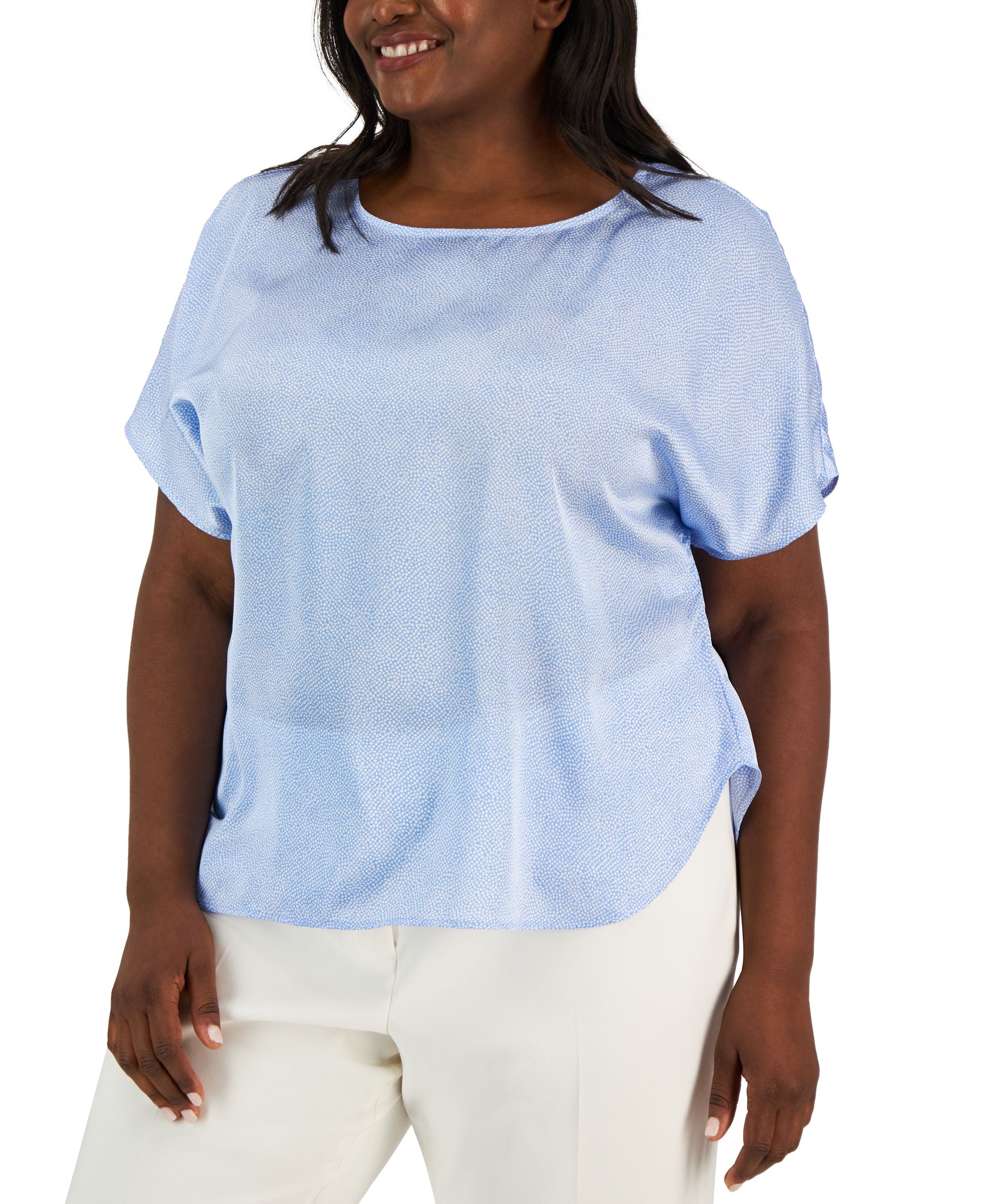 Plus Size Printed Satin Short-Sleeve Signature Blouse