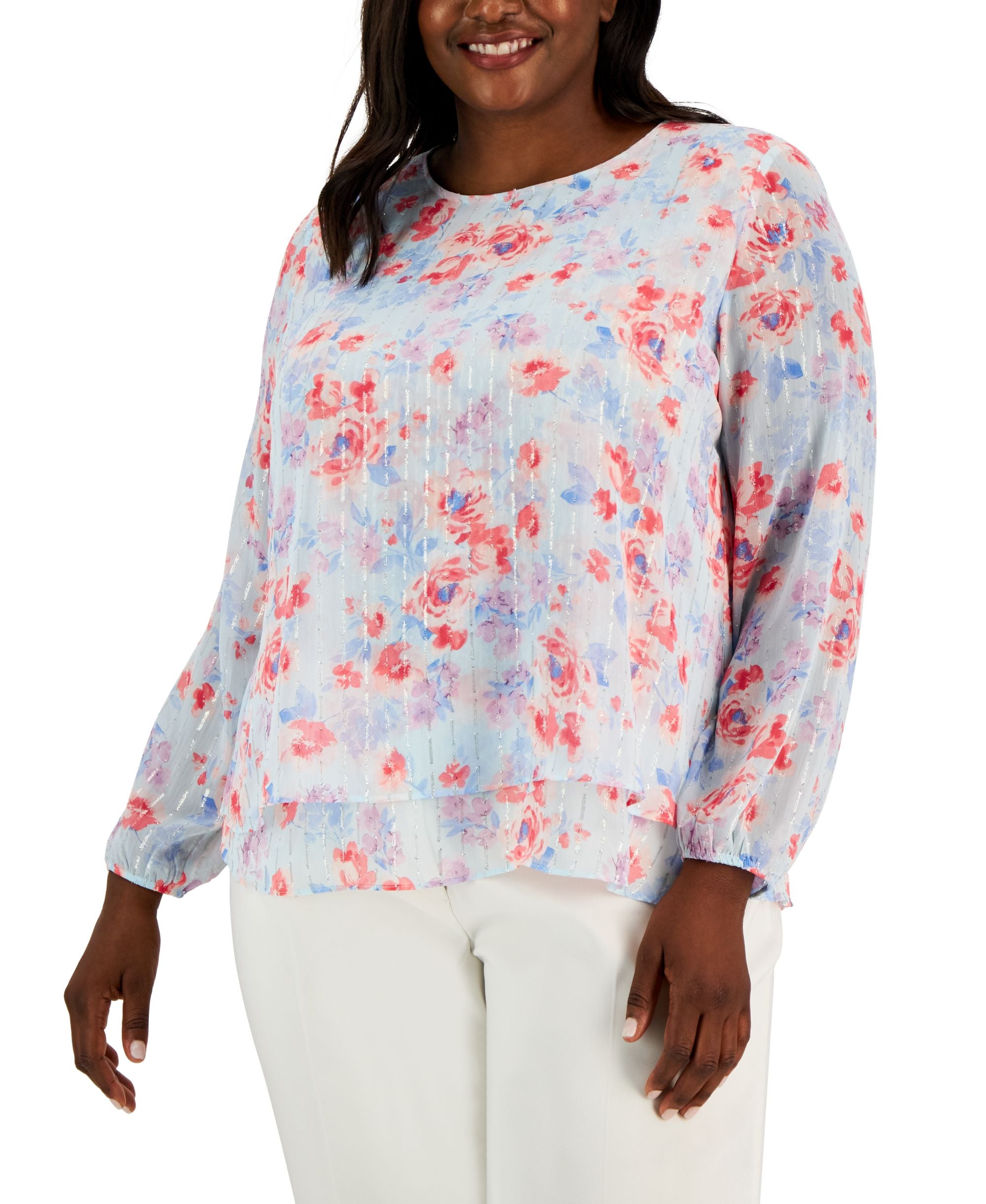 Plus Size Floral-Print Embellished Signature Blouse