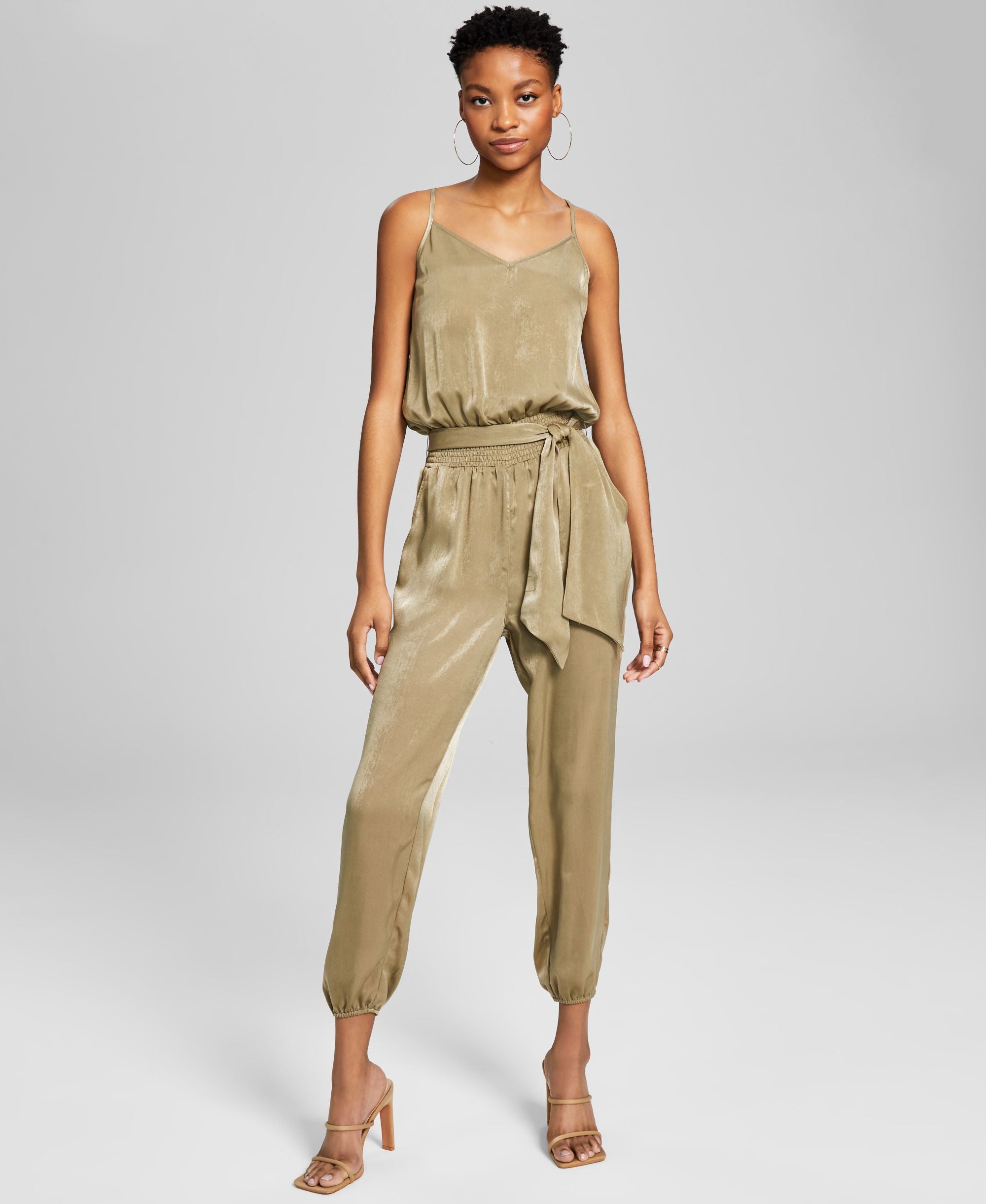 Women's Sleeveless Belted Satin Jumpsuit