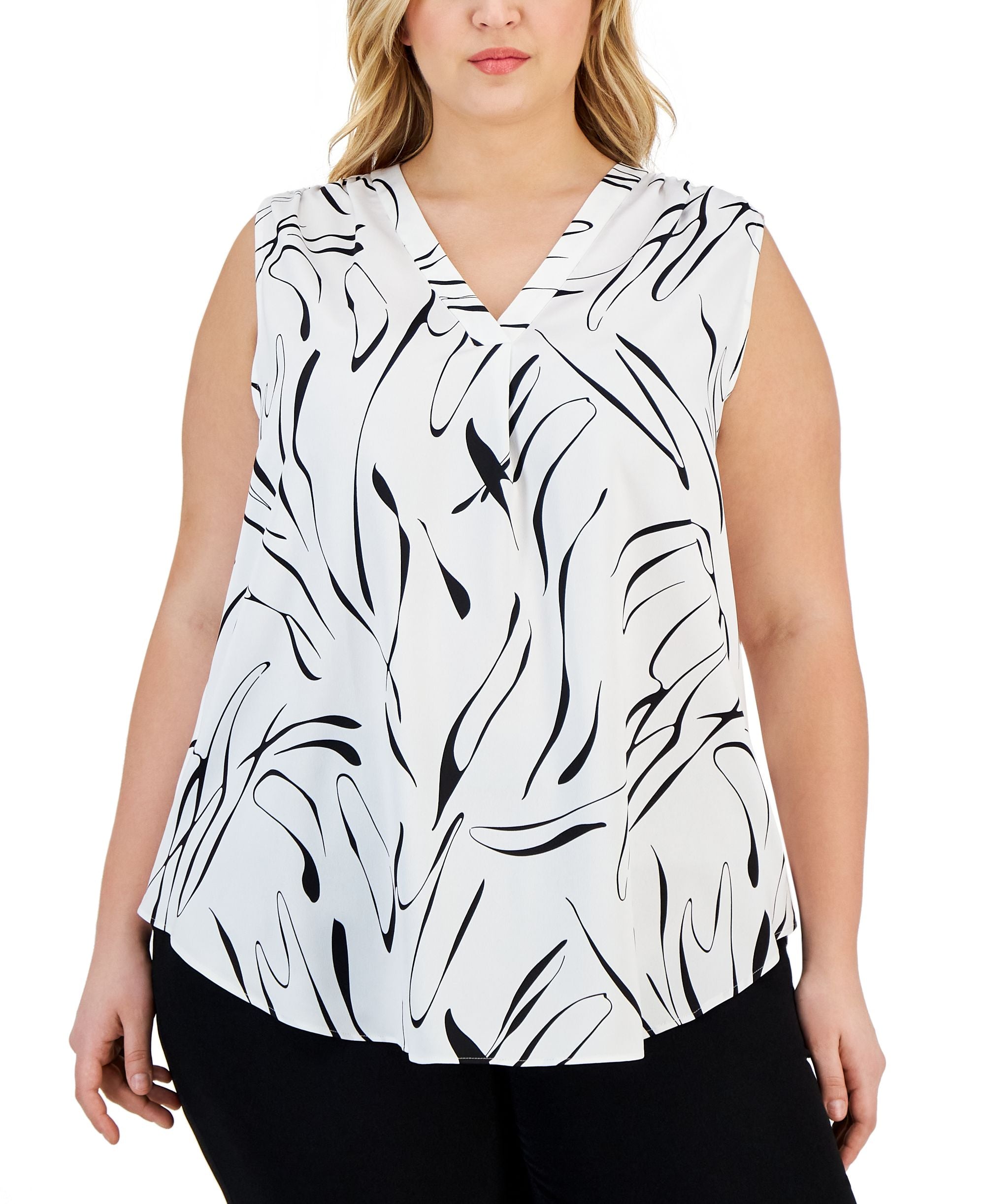 Alfani Plus Size Printed V Neck Sleeveless Satin Premium Top