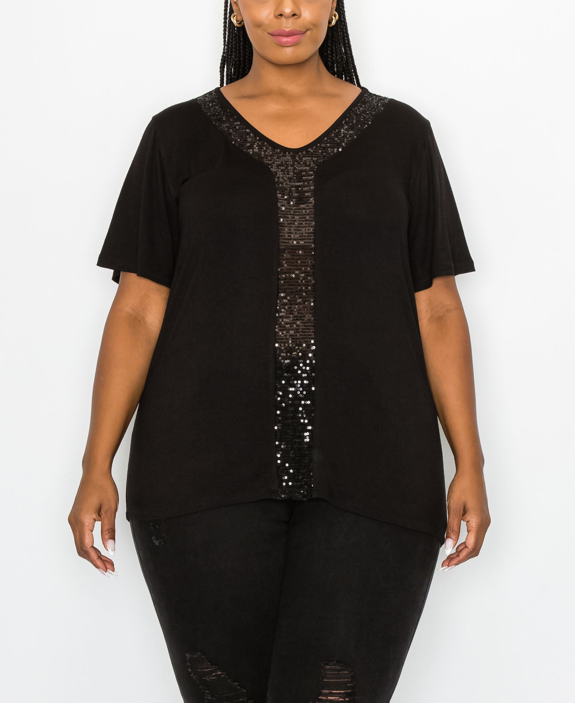 Plus Size Sequin Inset Short-Sleeve Premium Top