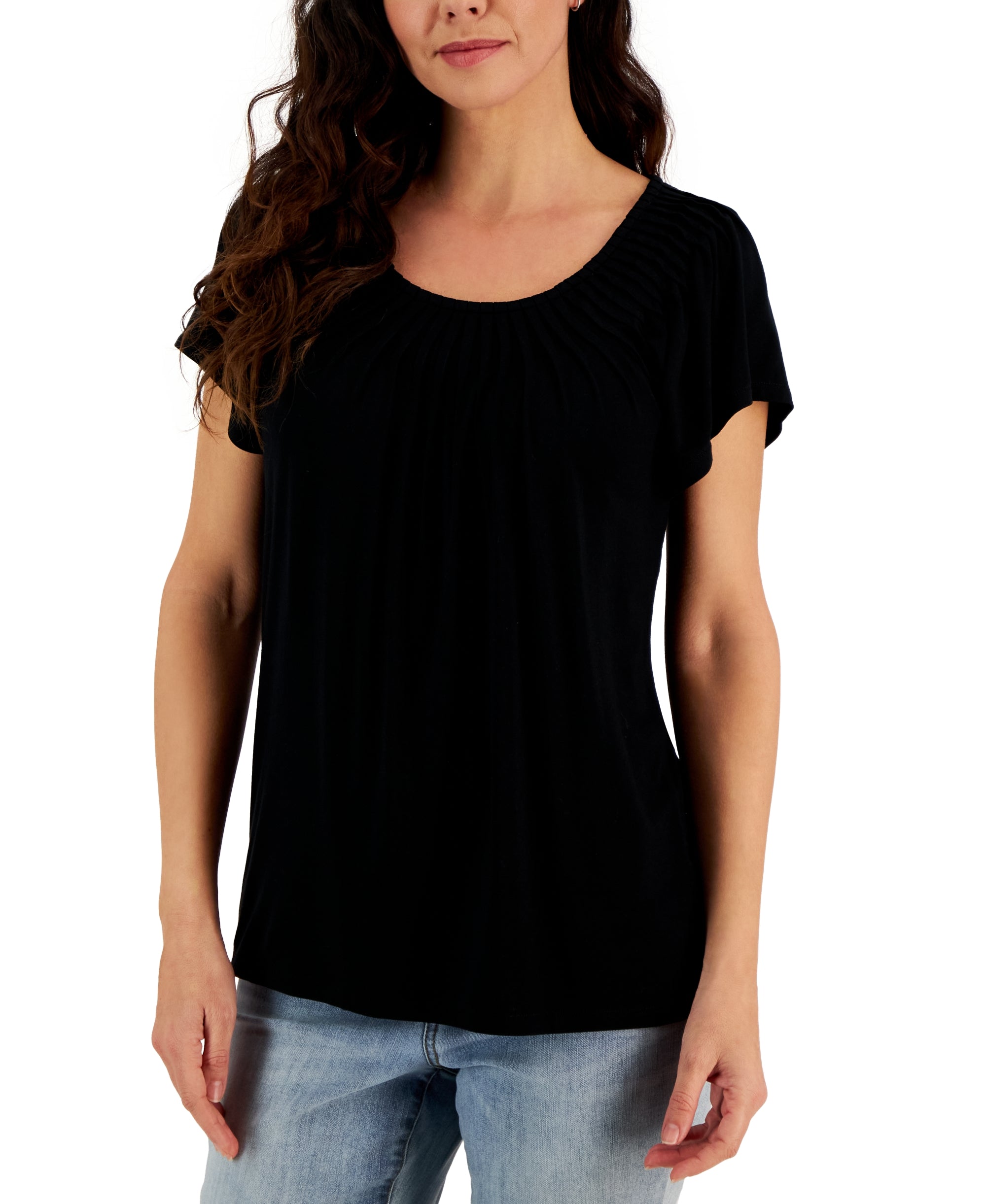 Petite Pleated Scoop-Neck Short-Sleeve Premium Top