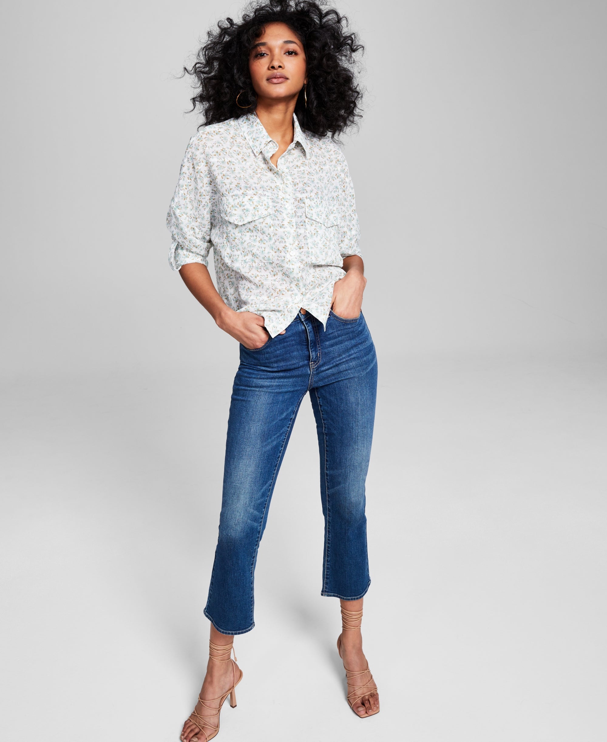 Women's Floral-Print Utility Modern Shirt Blue Floral XS