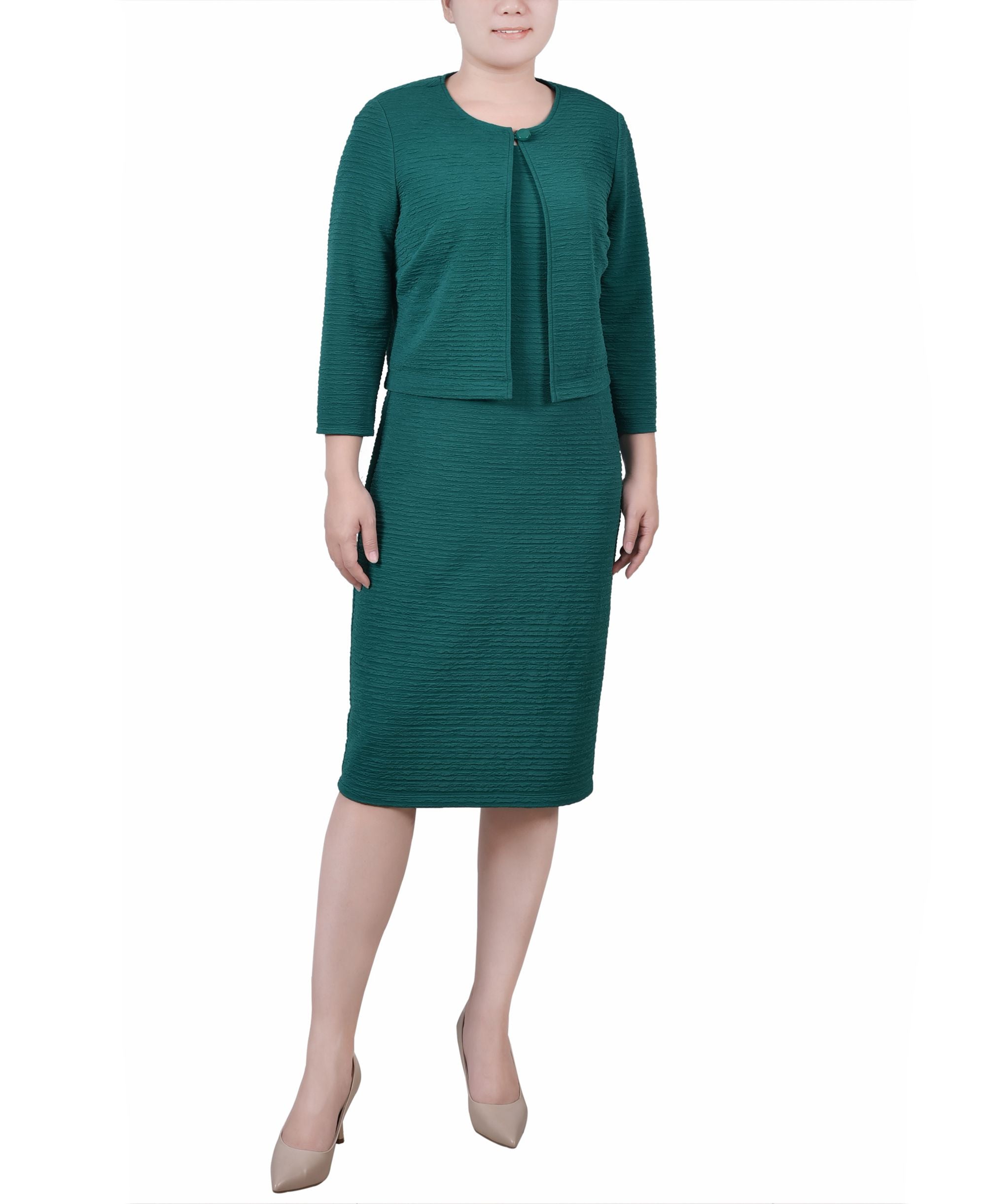 Petite Textured 3/4 Sleeve Two Piece Dress Set