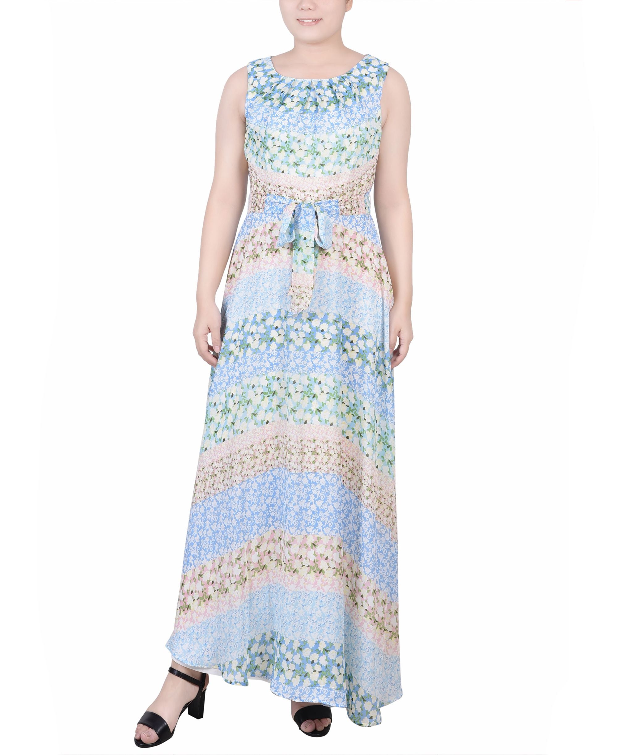 Petite Sleeveless Belted Chiffon Maxi Dress