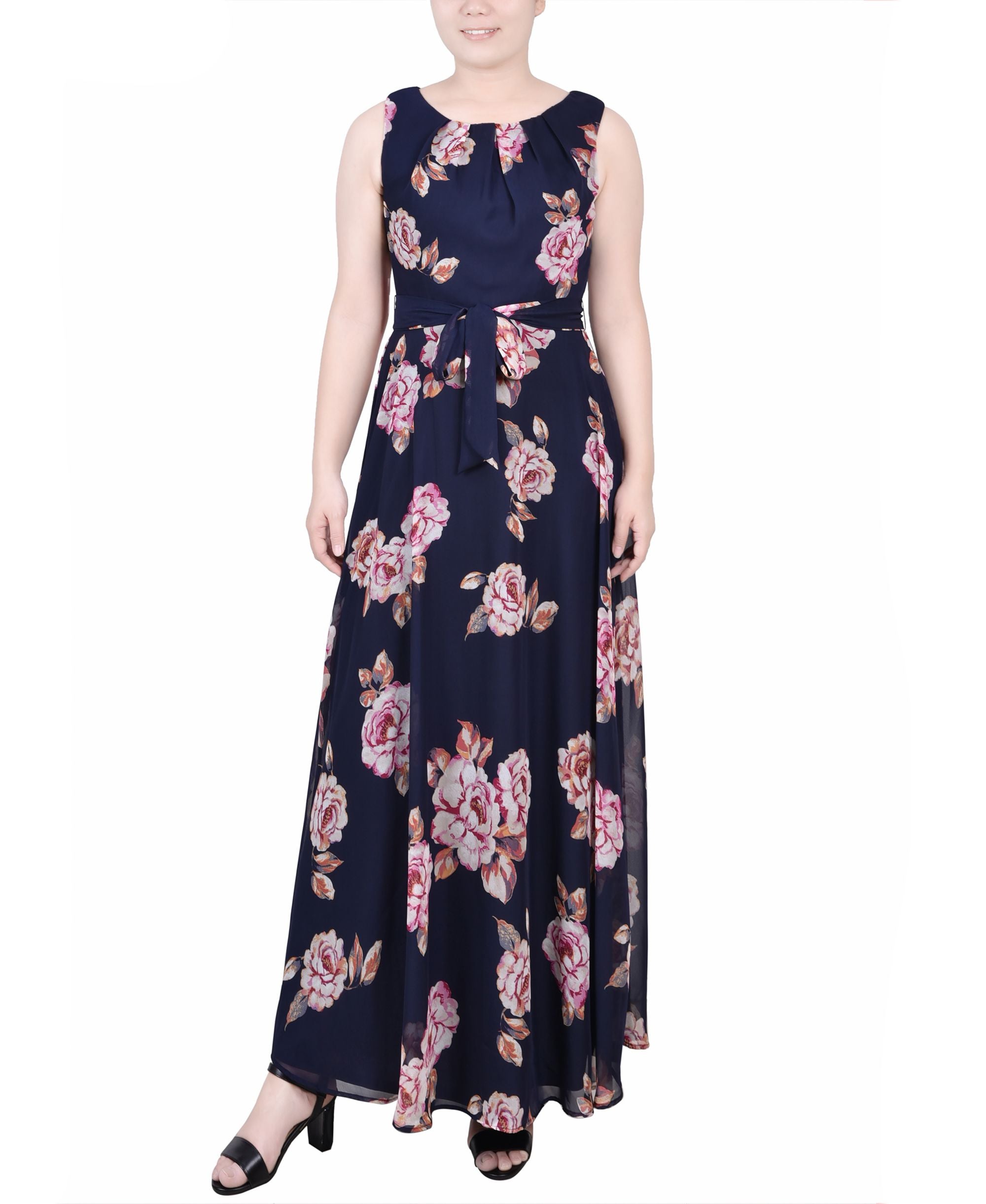 Petite Sleeveless Belted Chiffon Maxi Dress