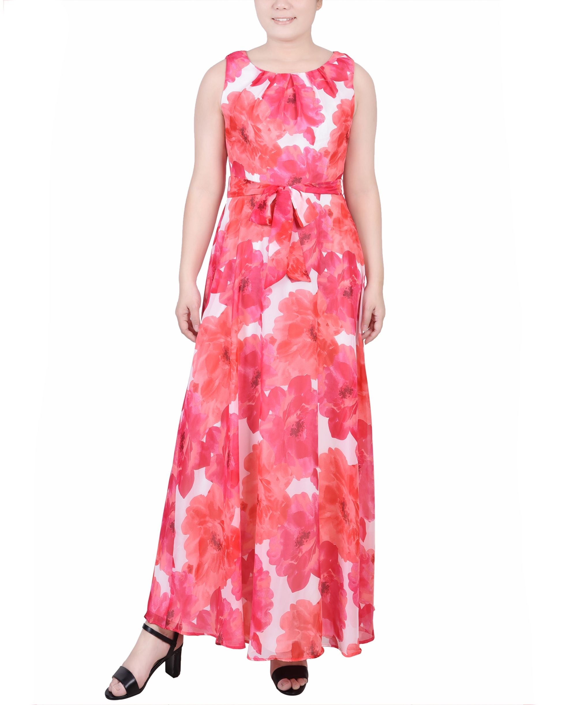 Petite Sleeveless Belted Chiffon Maxi Dress