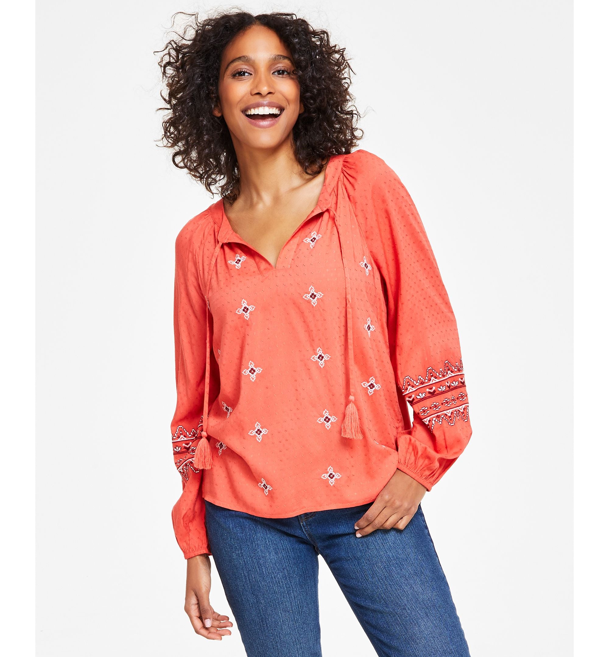 Style & Co Petite Embroidered Peasant Premium Top