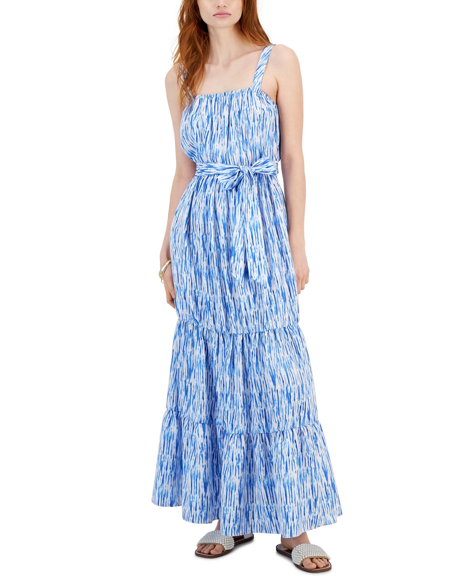 Women's Printed Tiered Flounce Tie-Waist Maxi Dress