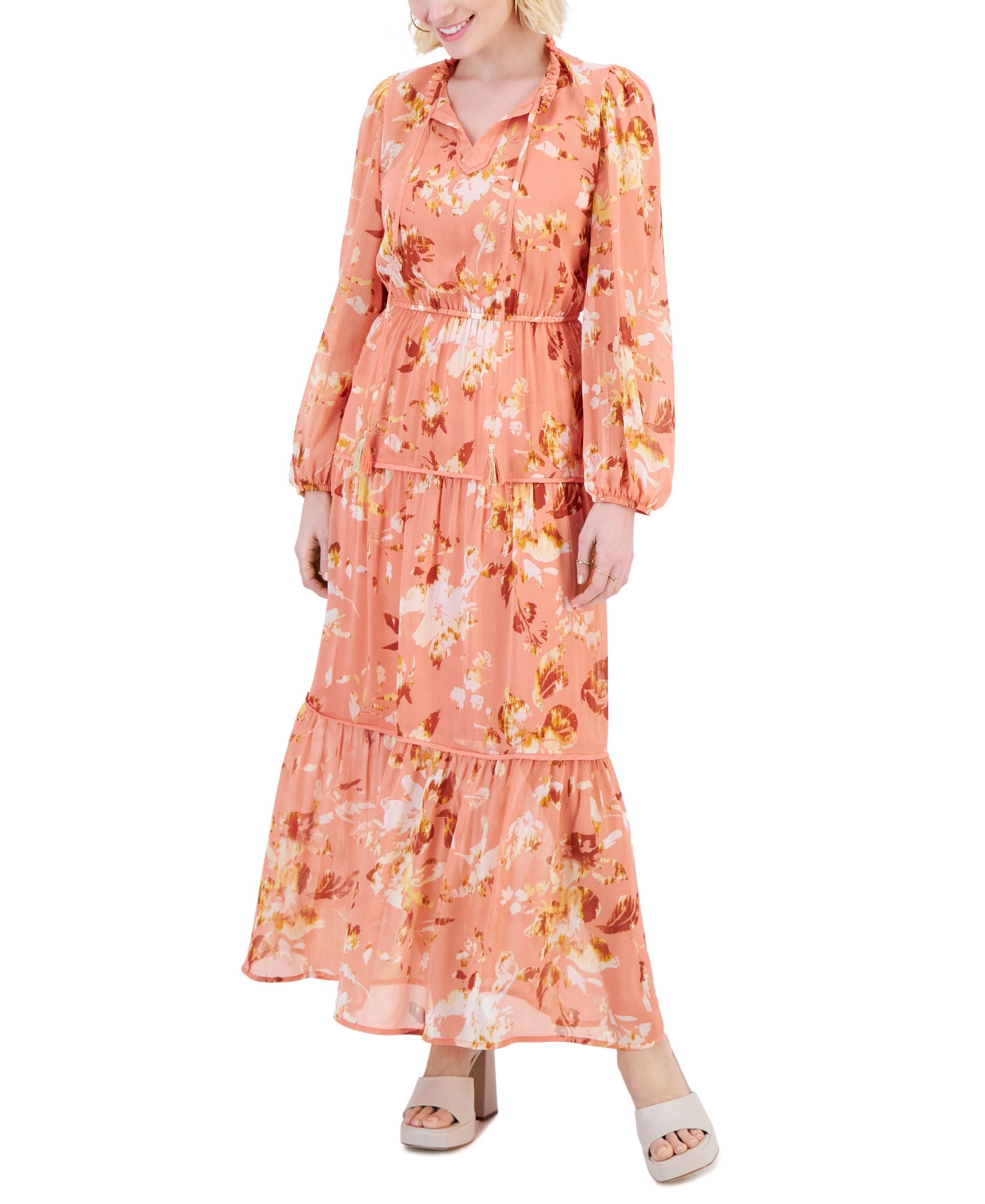 Petite Tiered Flounce-Modern Skirt Tie-Neck Blouson-Sleeve Dress