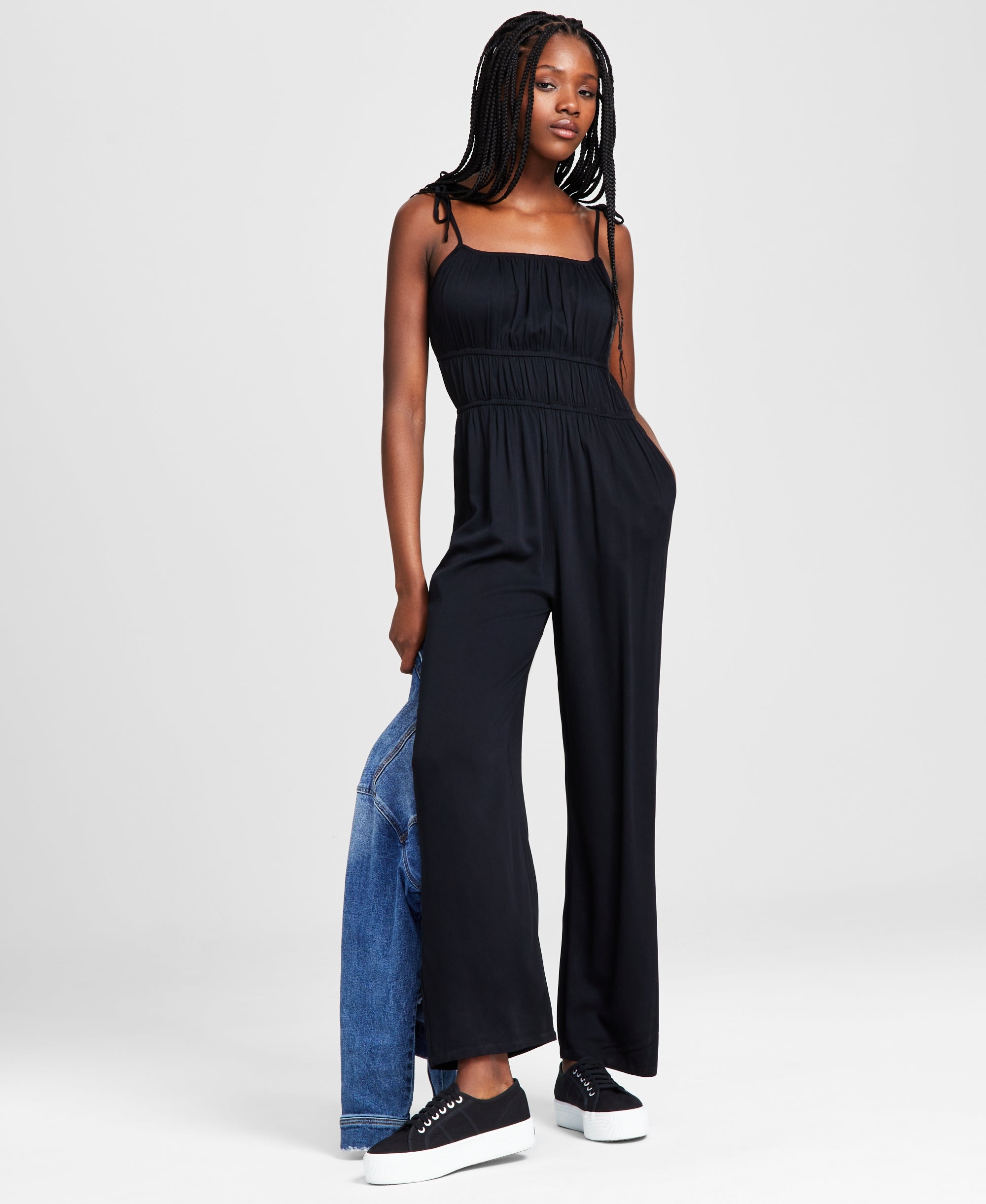 Women's Tie-Strap Square-Neck Jumpsuit Black XL