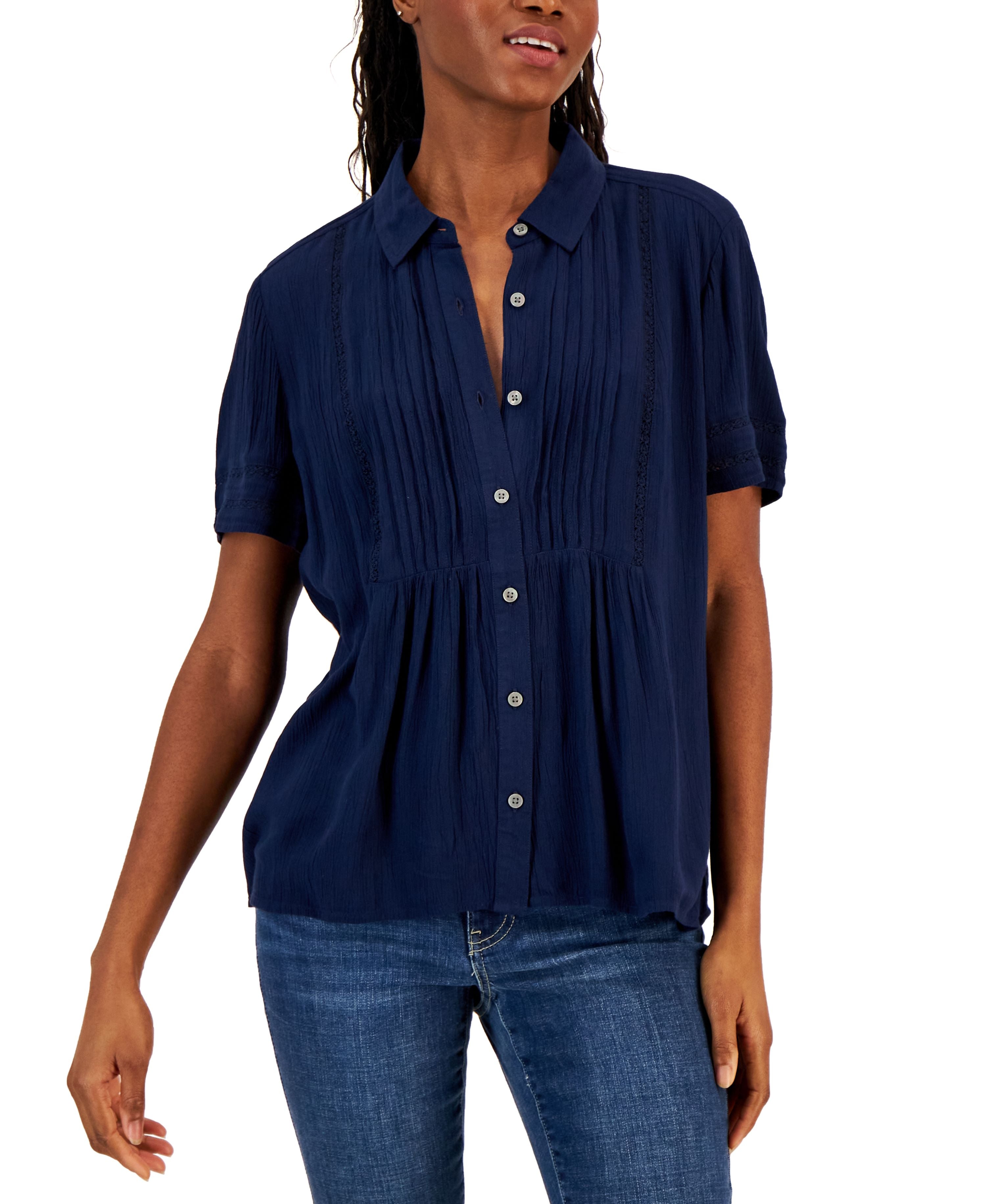 Petite Pintuck Short-Sleeve Button-Front Modern Shirt
