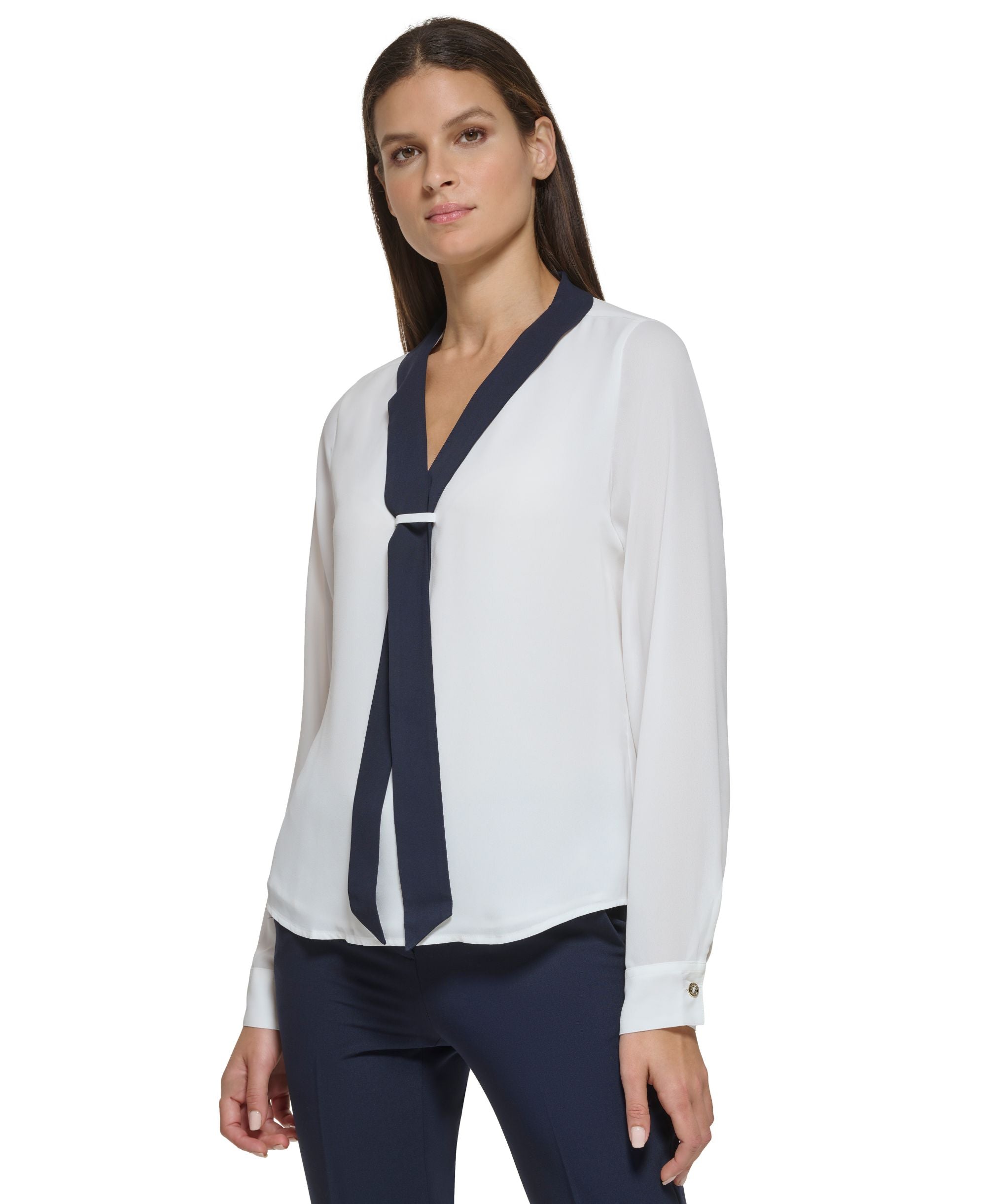 Women's Sailor-Style Tie-Neck Long-Sleeve Premium Top