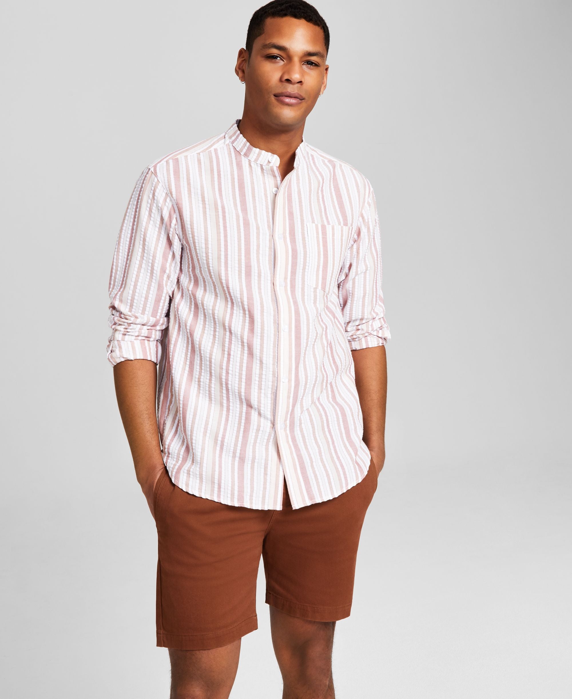 Men's Banded Collar Seersucker Modern Shirt